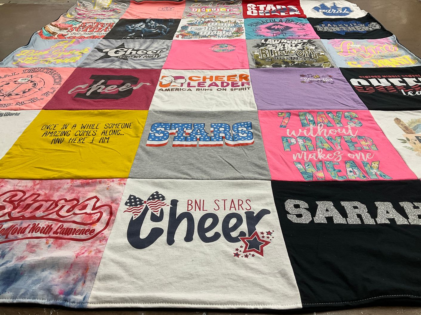 T-shirt quilt featuring bedford north lawrence high school cheer team by Amy from IN