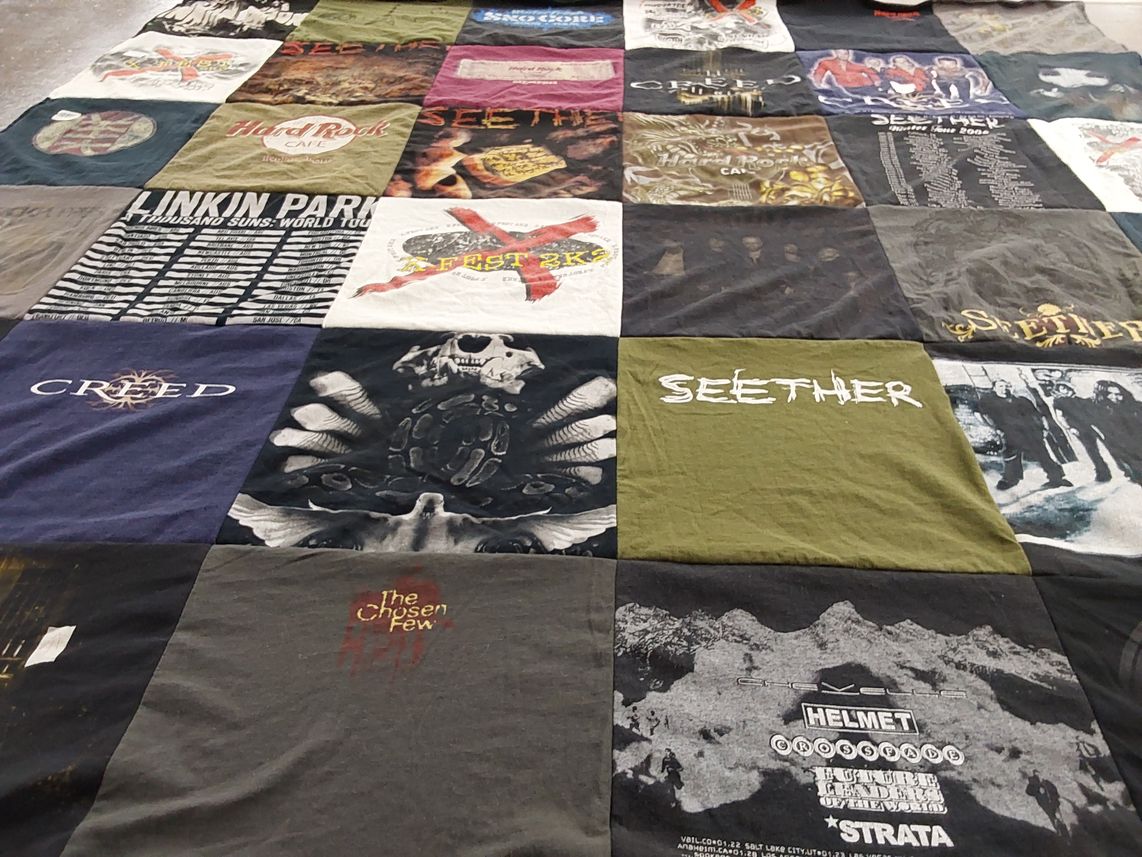 T-shirt quilt with music, rock themes by Wade from OH