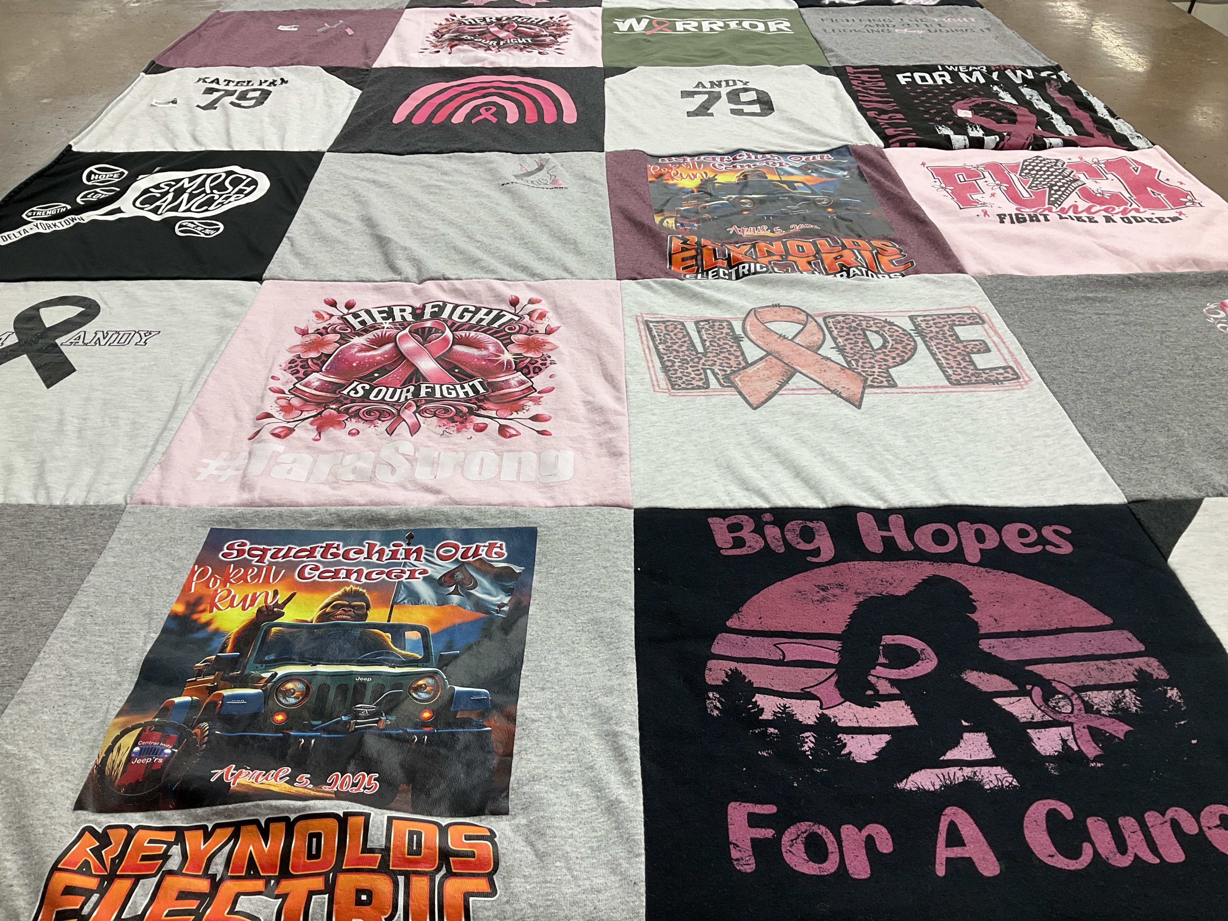 T-shirt quilt with breast cancer awareness, charity run themes by Tara from IN