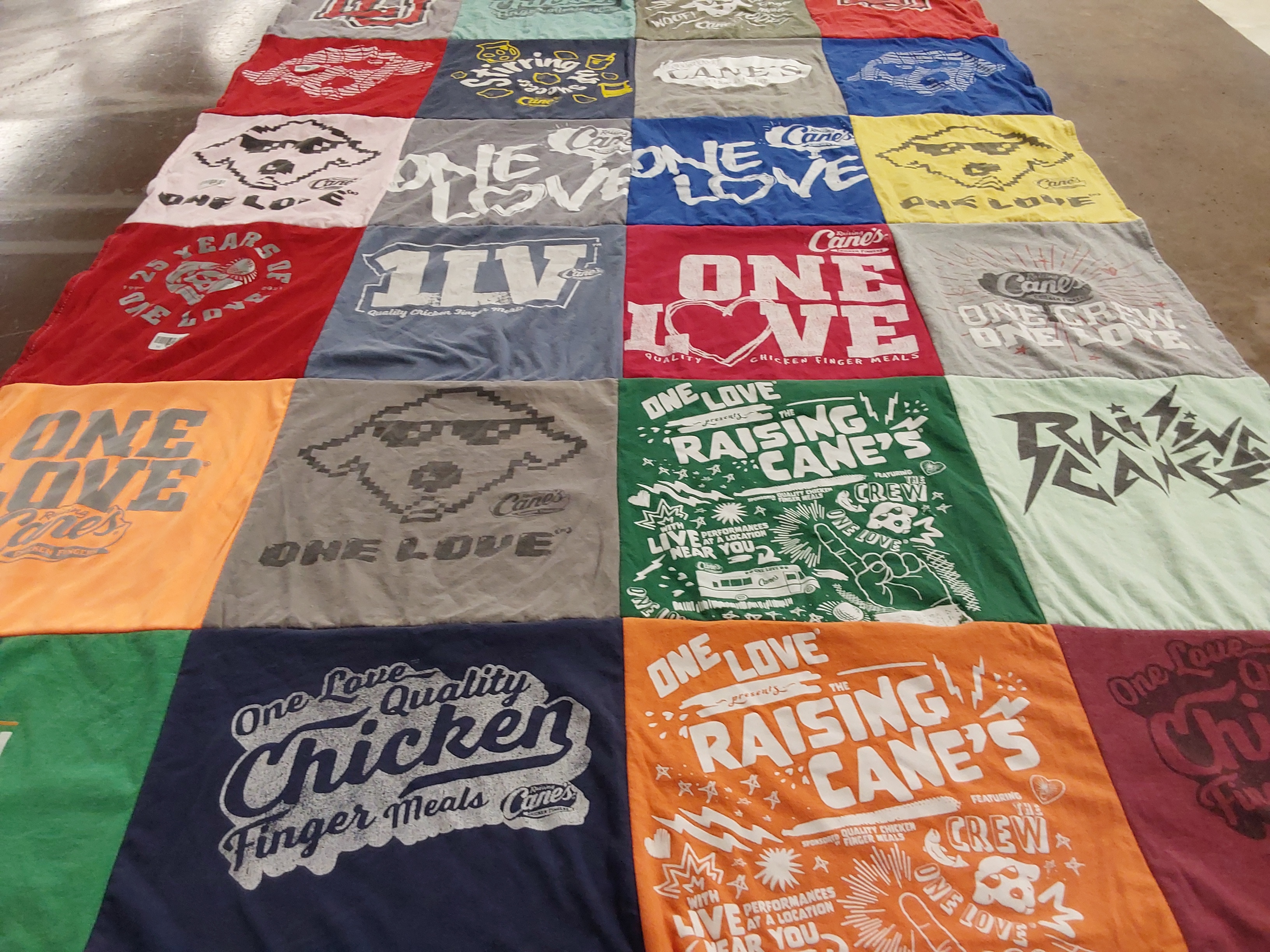 T-shirt quilt with food, restaurants themes by Tiffany from TX