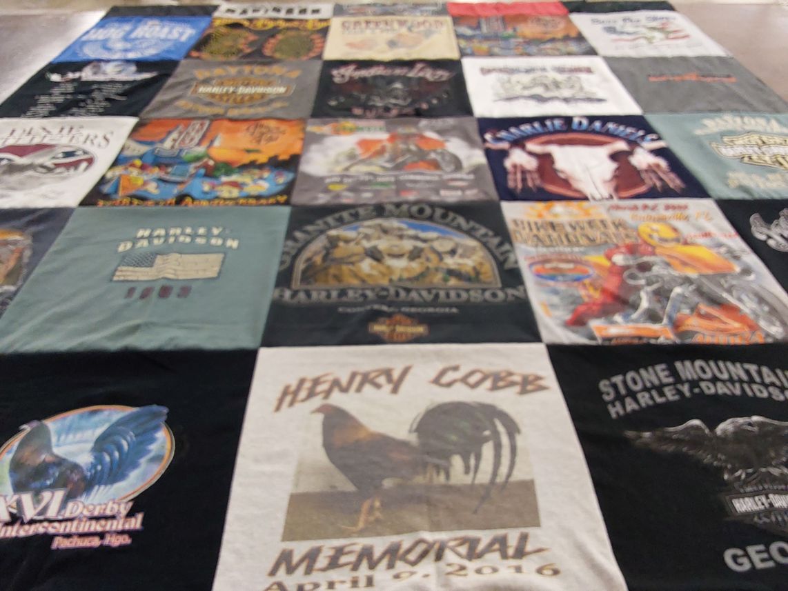 T-shirt quilt with motorcycles, harley davidson themes by Chris from GA