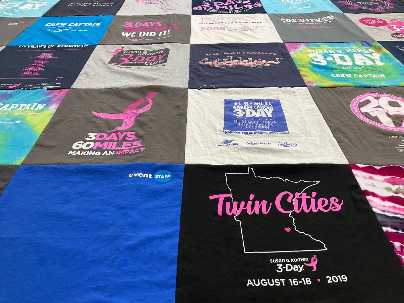 T-shirt quilt with breast cancer awareness, charity events themes by Pam from PA