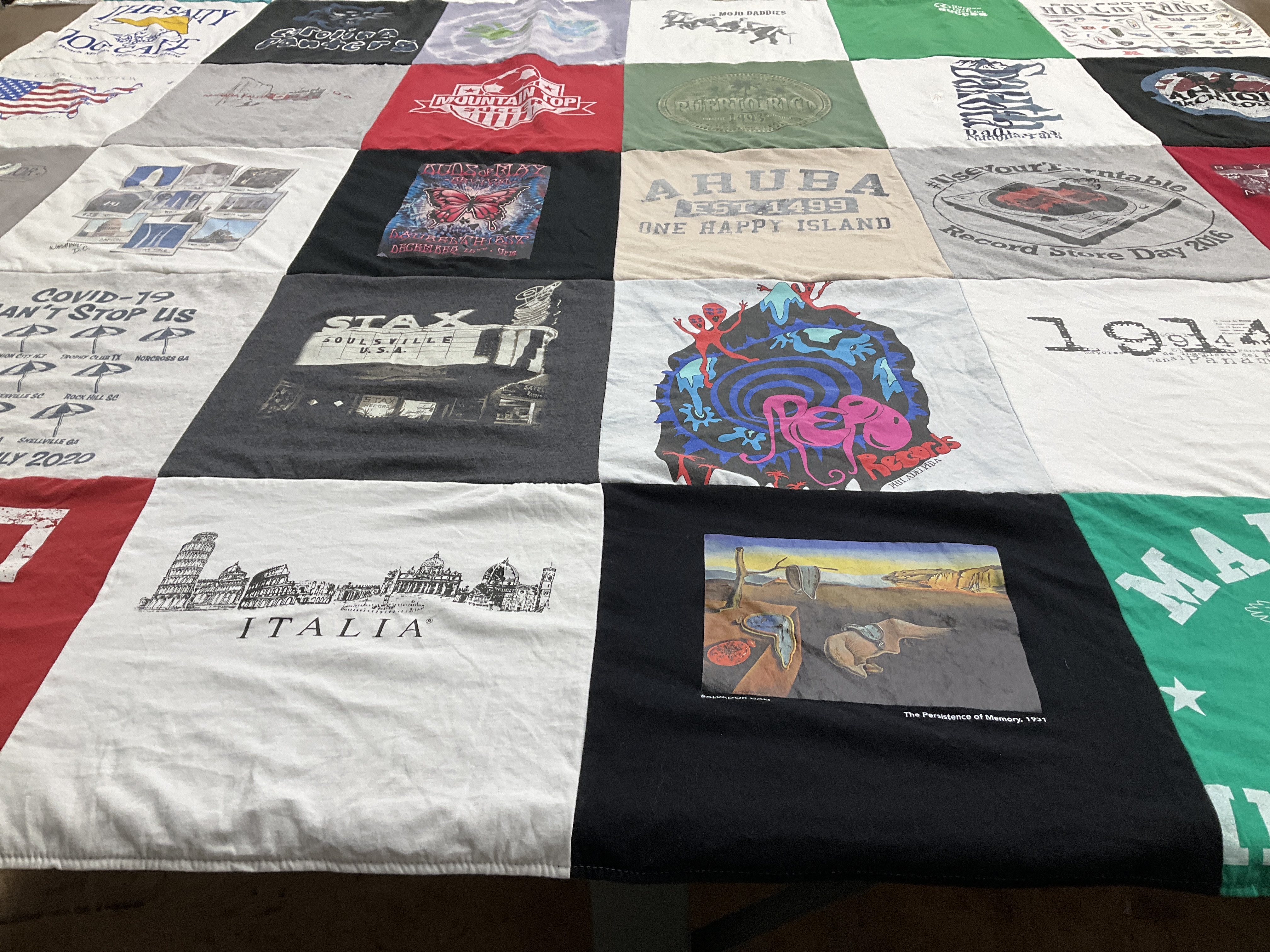 T-shirt quilt with travel, art themes by Dawn from PA