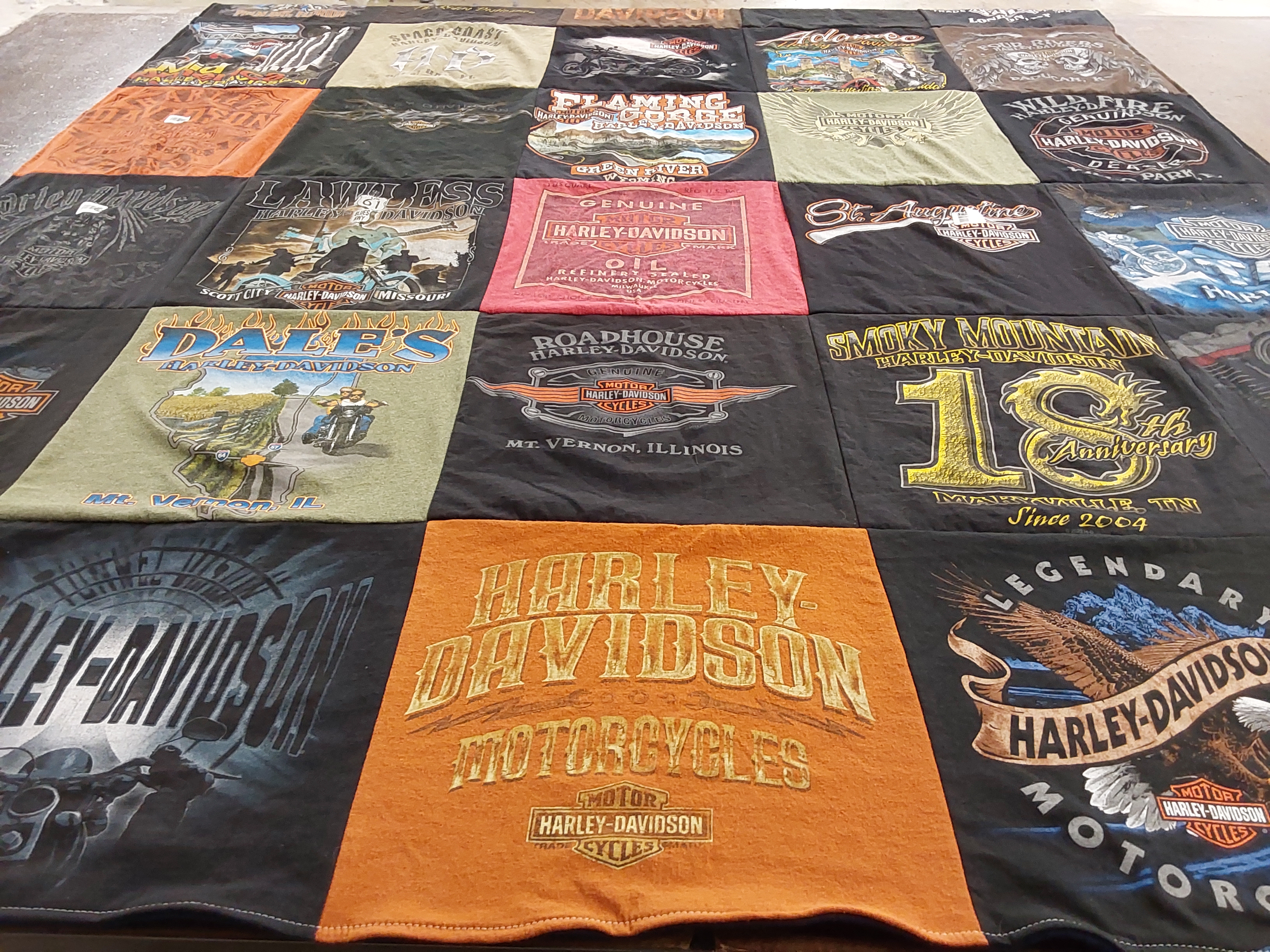 T-shirt quilt with motorcycles, biking themes by Dan from FL