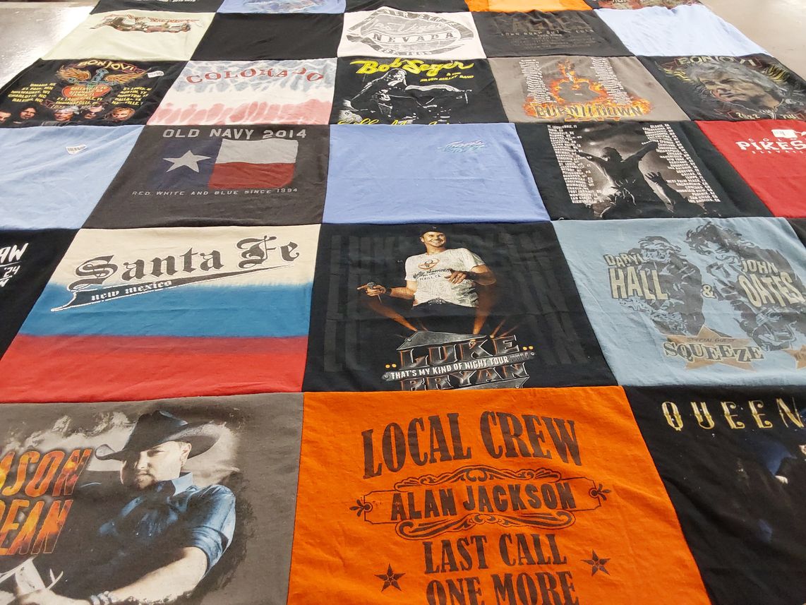 T-shirt quilt with music, concerts themes by Karen from TX