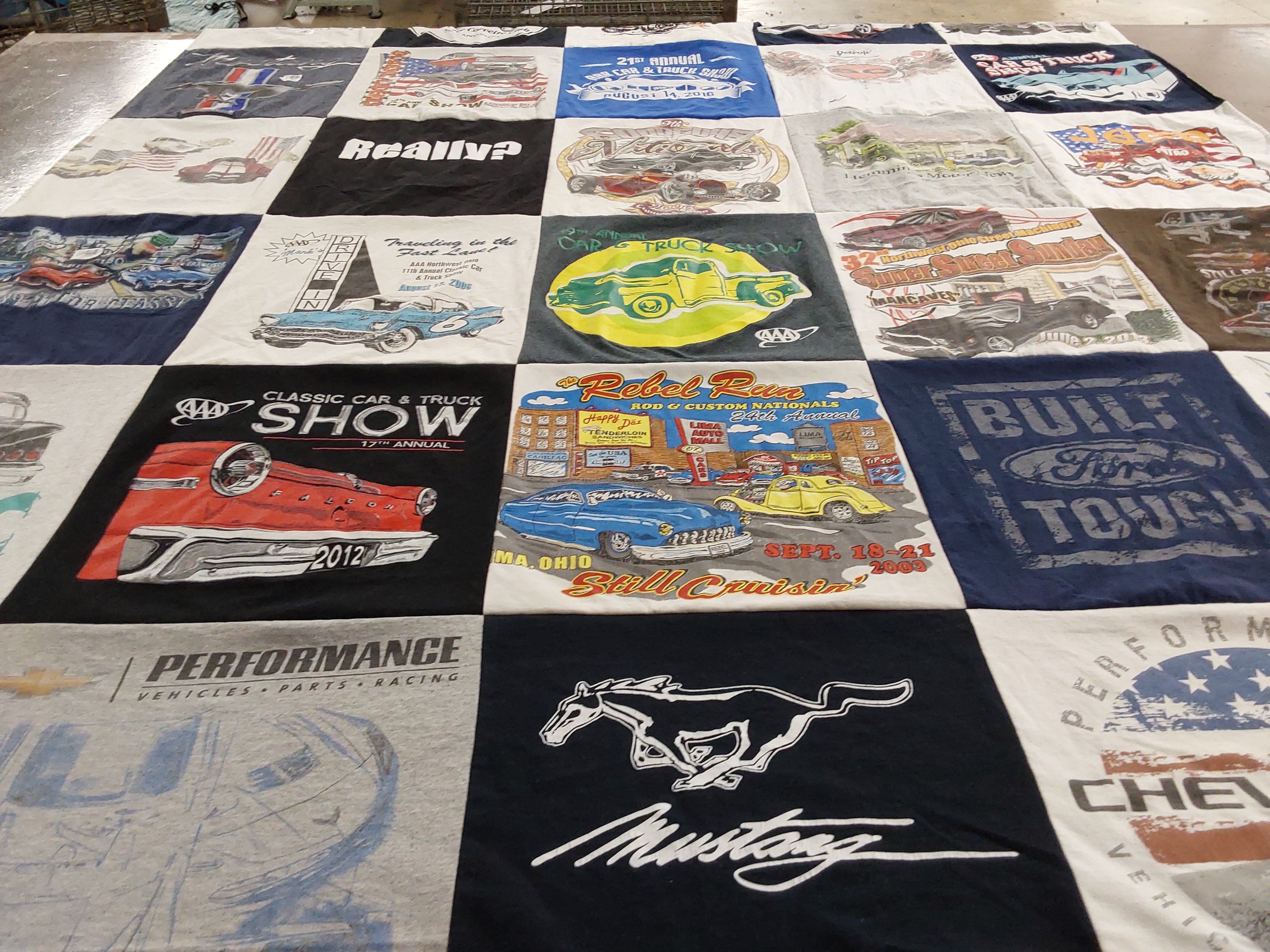 T-shirt quilt with classic cars, trucks themes by Amy from OH