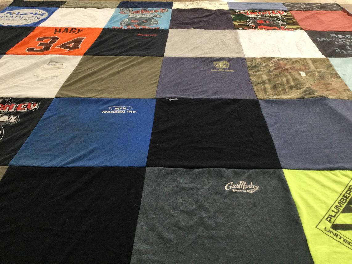 T-shirt quilt with sports, mechanics themes by Aimee from MD