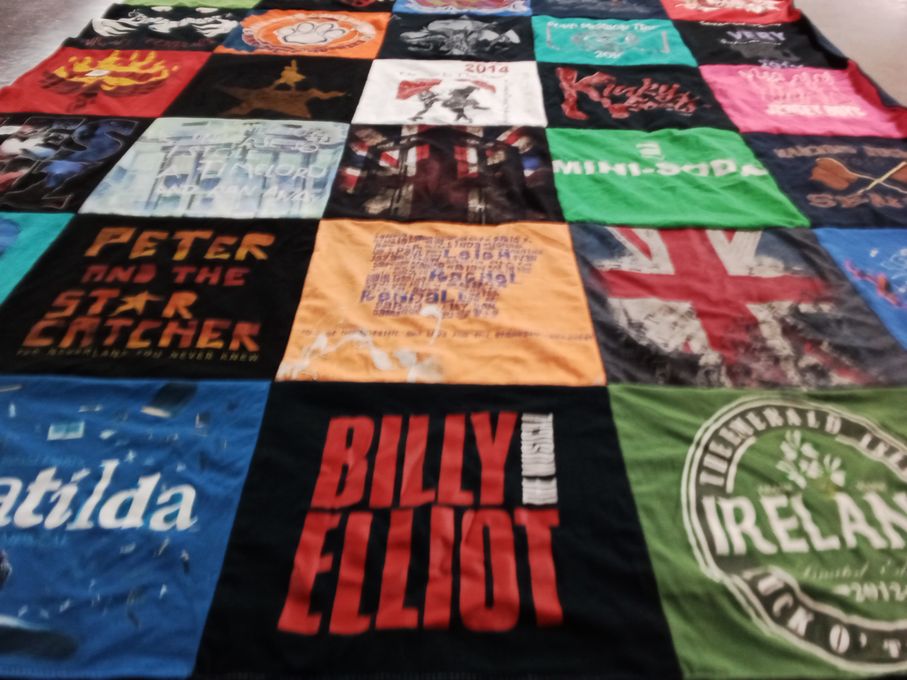 T-shirt quilt with theater, musicals themes by MEG from KY