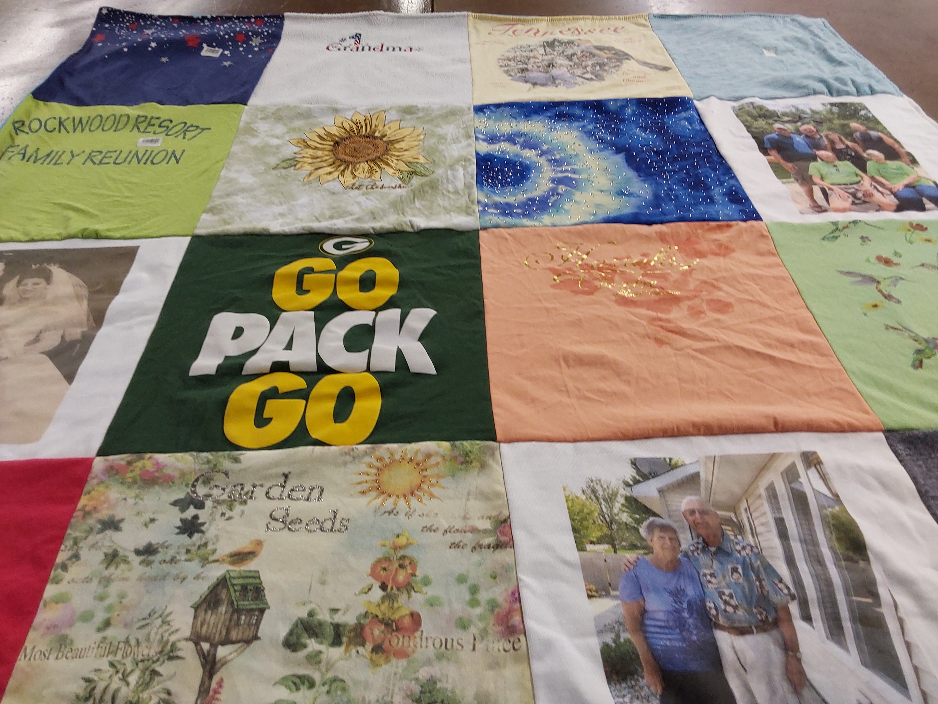 T-shirt quilt with family gatherings, gardening themes by Kimberly from TN