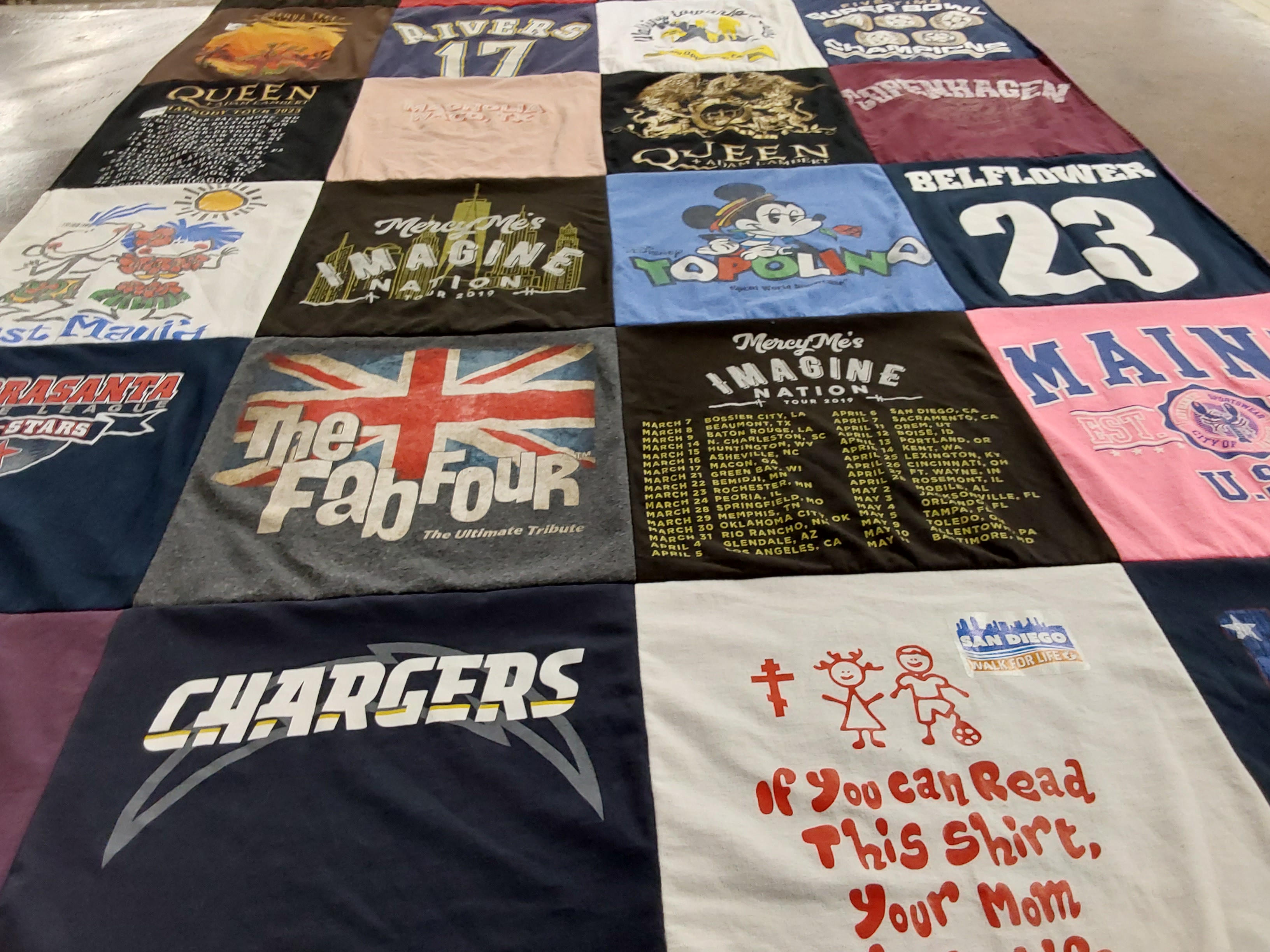 T-shirt quilt with music, travel themes by John from TX