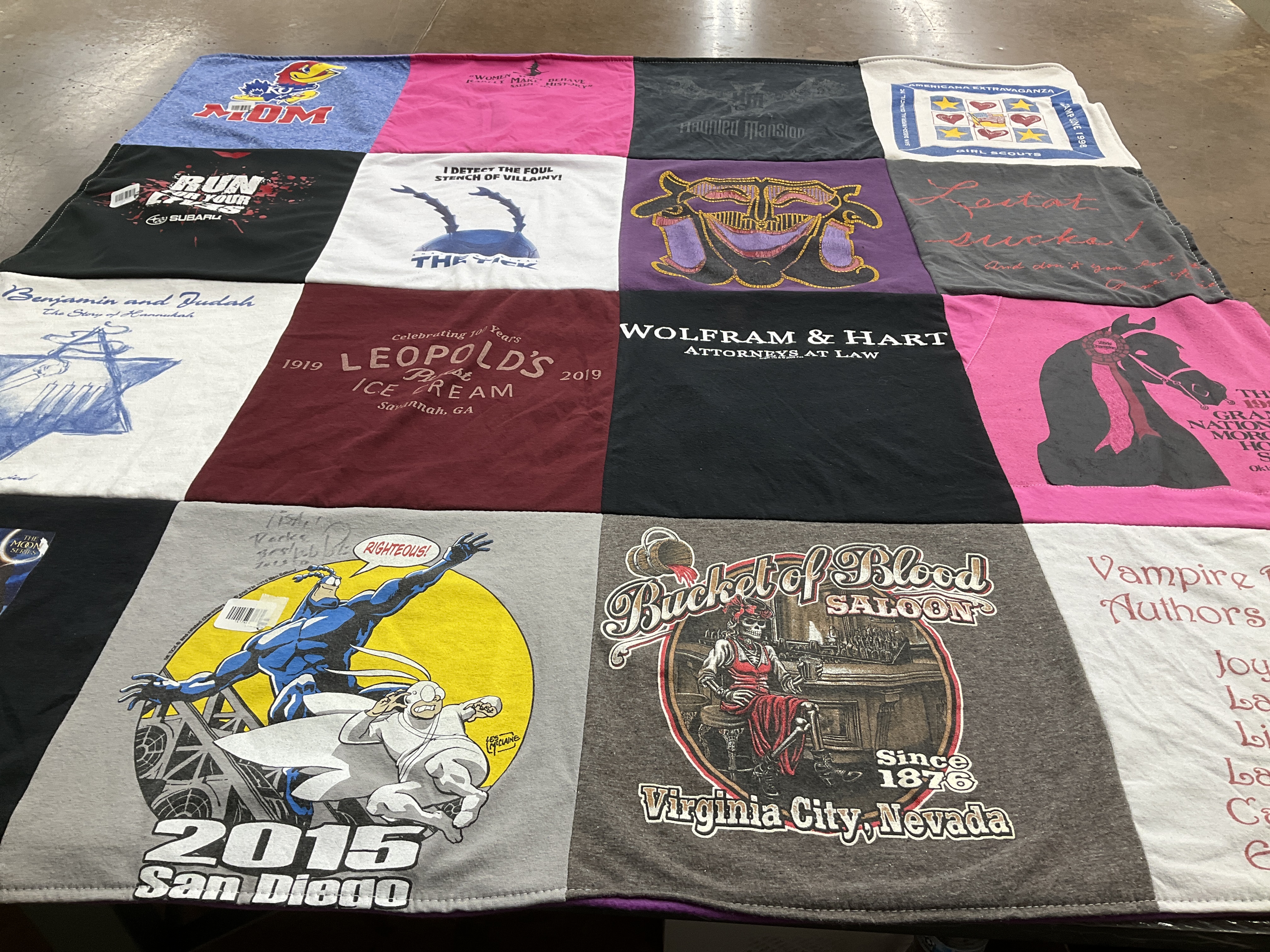 T-shirt quilt with ice cream, comic books themes by Lisa from FL