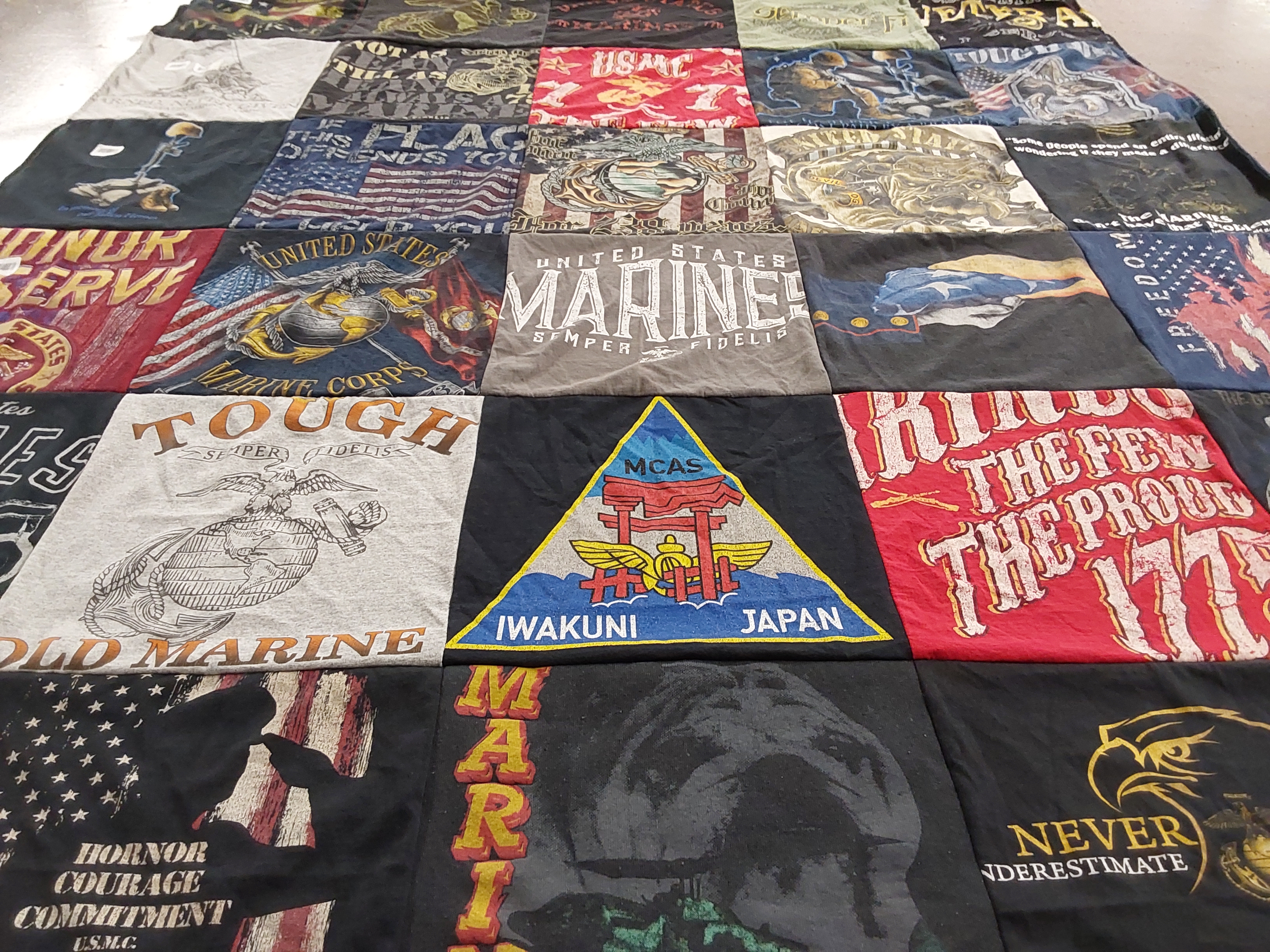 T-shirt quilt with military, united states marine corps themes by Hope from IA