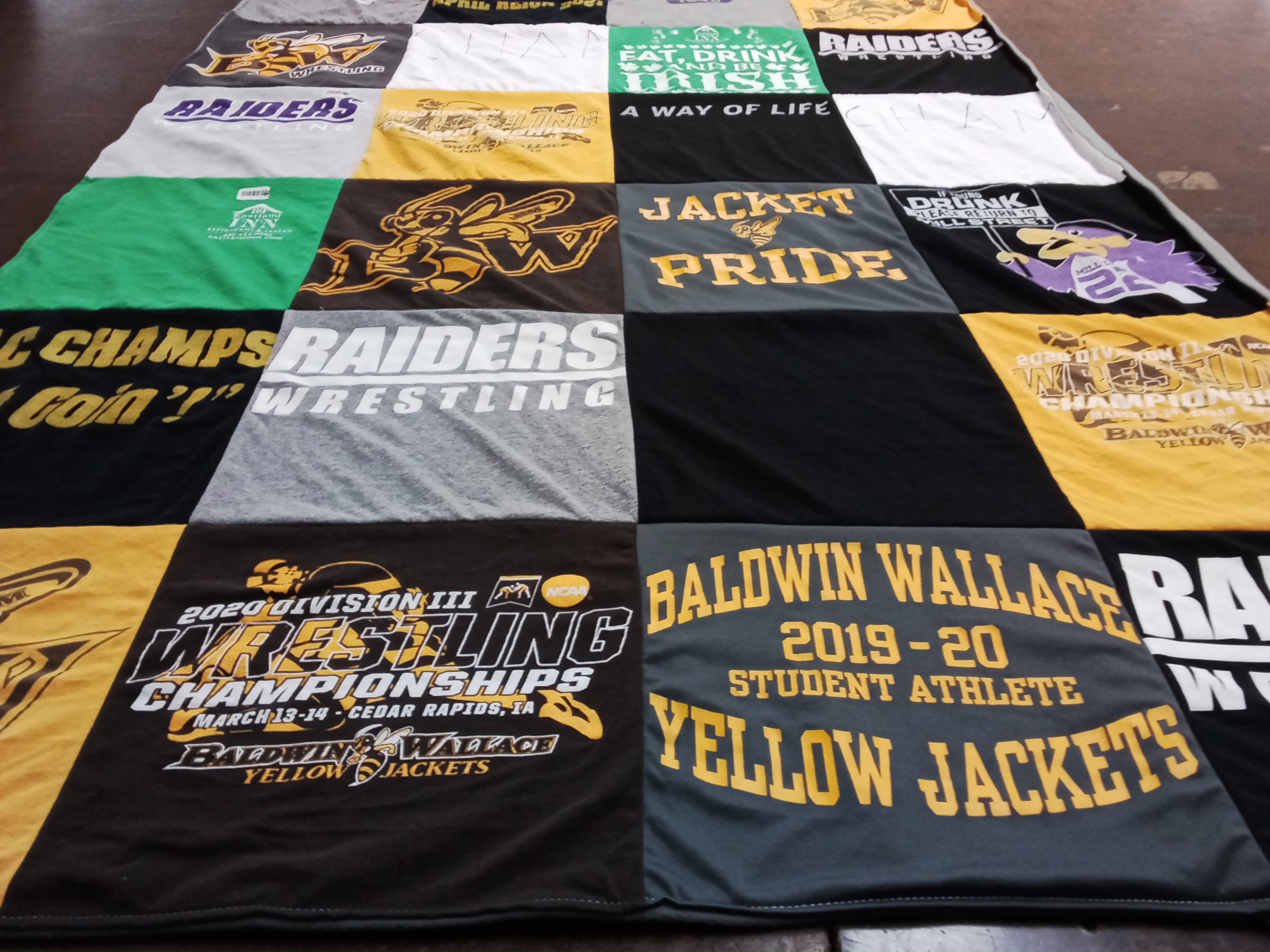 T-shirt quilt featuring baldwin wallace yellow jackets, raiders by Lorece from OH