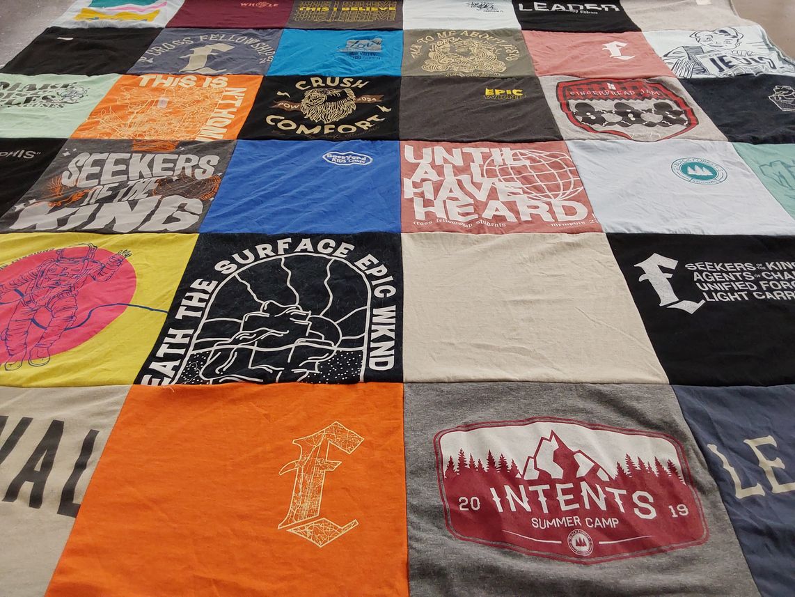 T-shirt quilt with camping, leadership themes by Tamar from CO