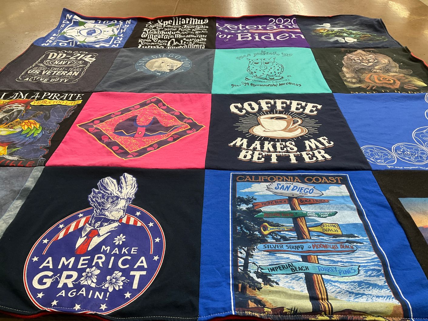 T-shirt quilt with politics, coffee themes by Dale from CA