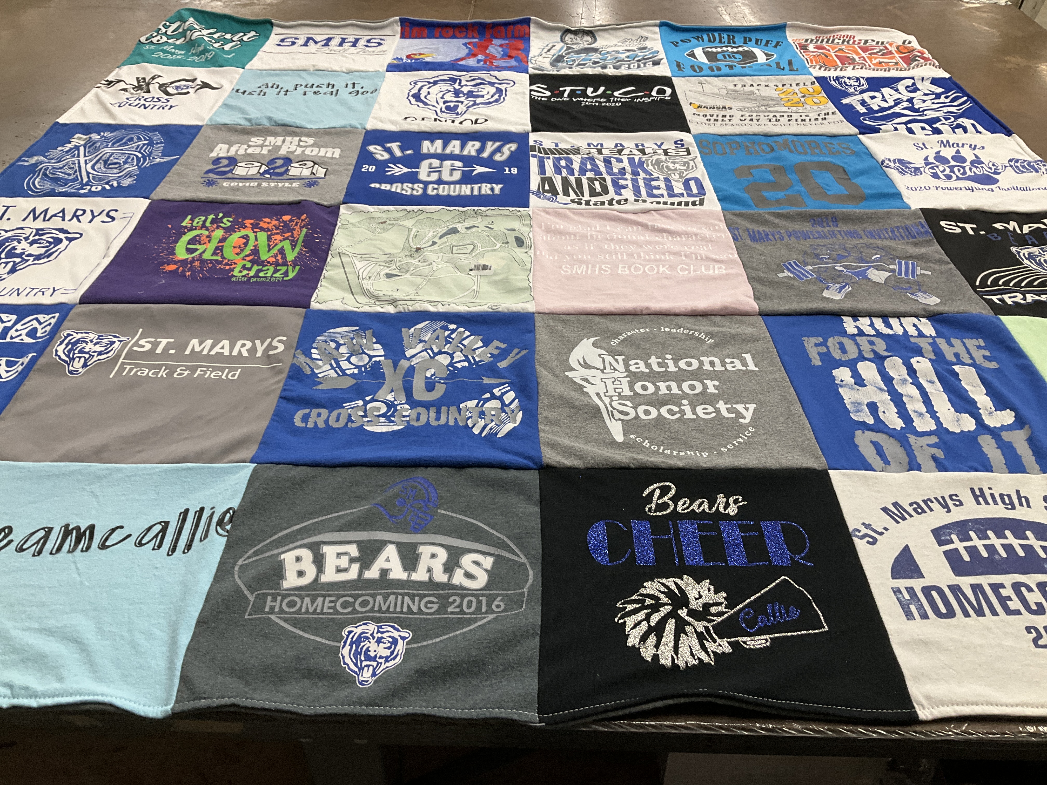 T-shirt quilt featuring bears, st. mary's track and field by Callie from KS