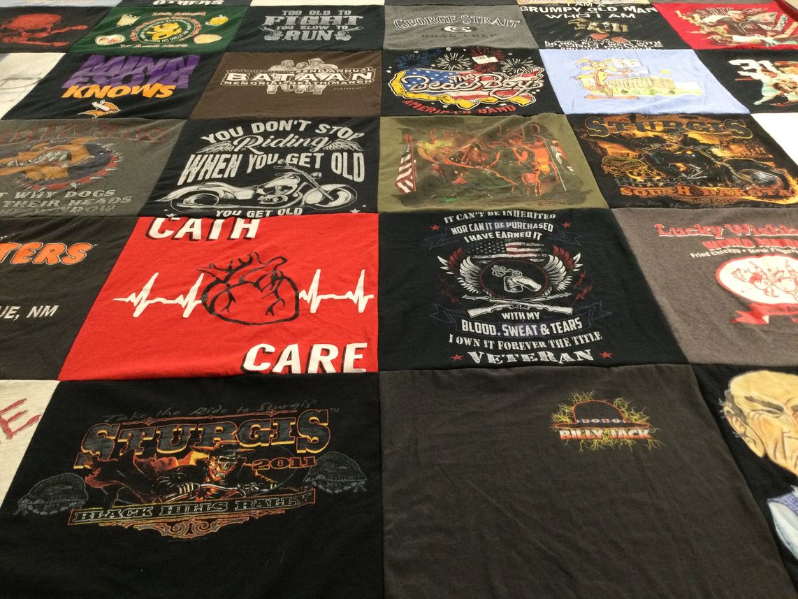 T-shirt quilt with motorcycling, veterans themes by Penny from NM