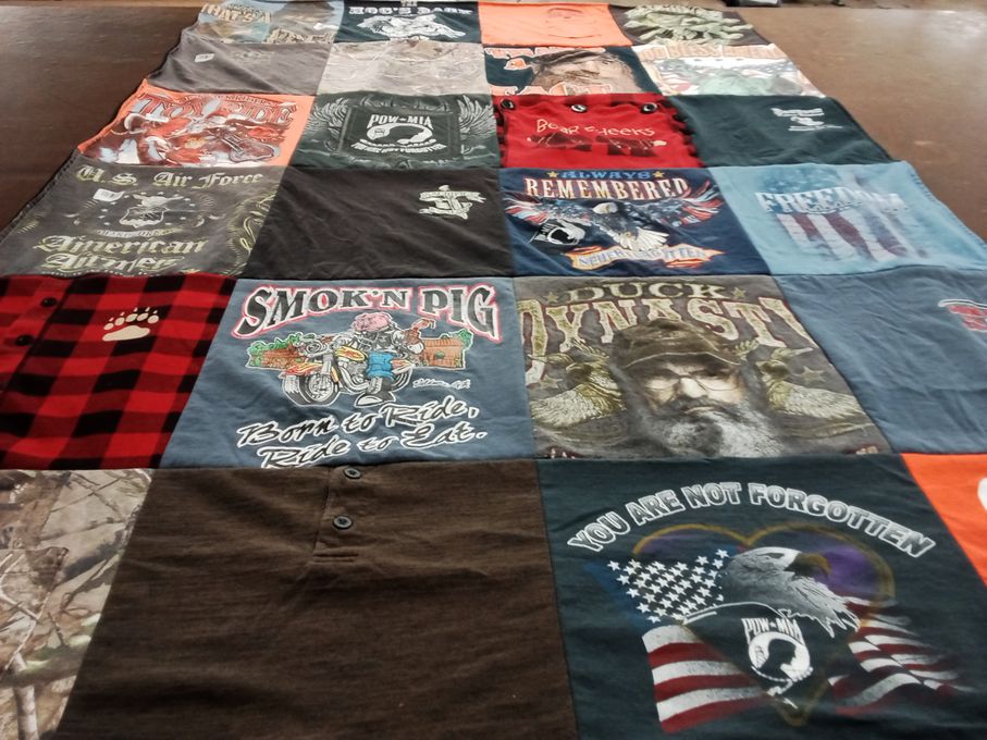 T-shirt quilt with motorcycling, patriotism themes by Kalin from GA