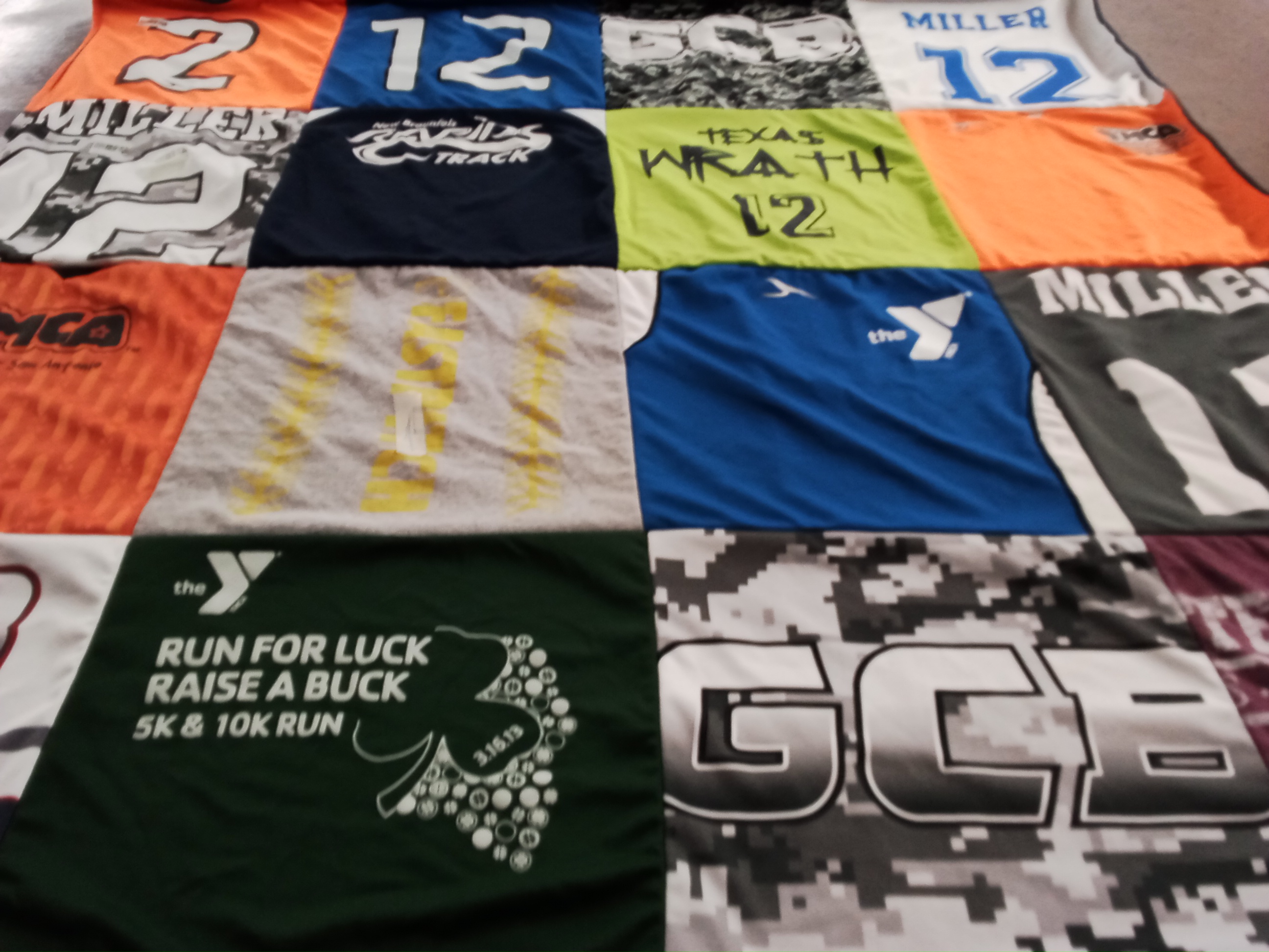 T-shirt quilt with running, athletics themes by 112 from TX