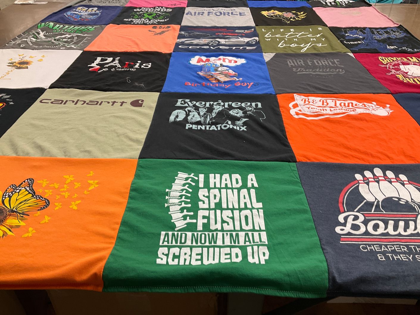 T-shirt quilt with music, sports themes by Amber from KY