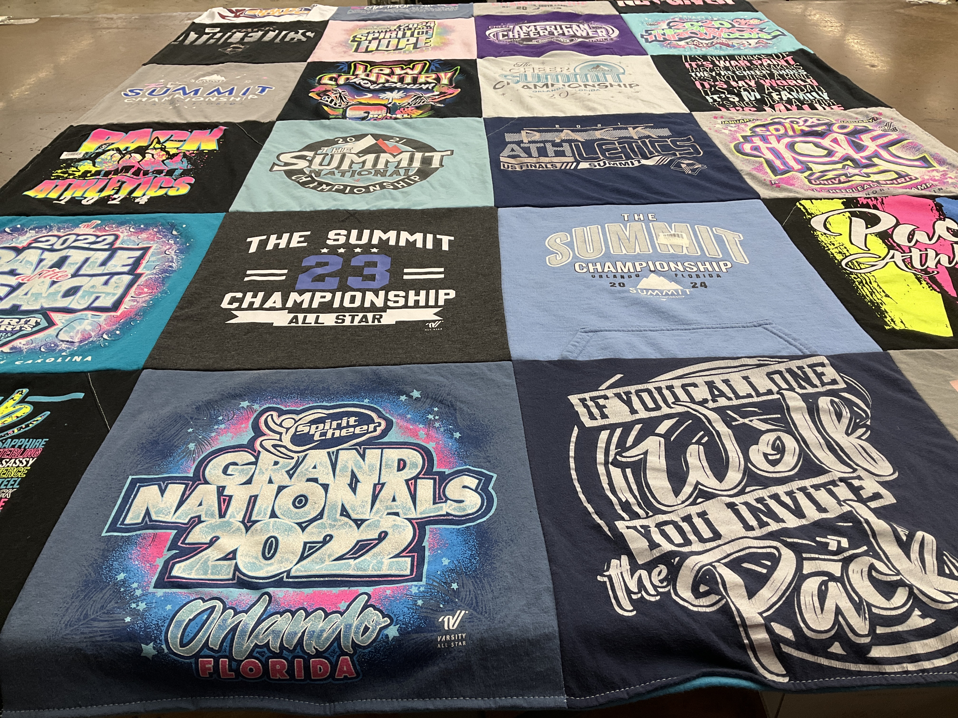 T-shirt quilt with cheerleading, dance themes by Kim from SC