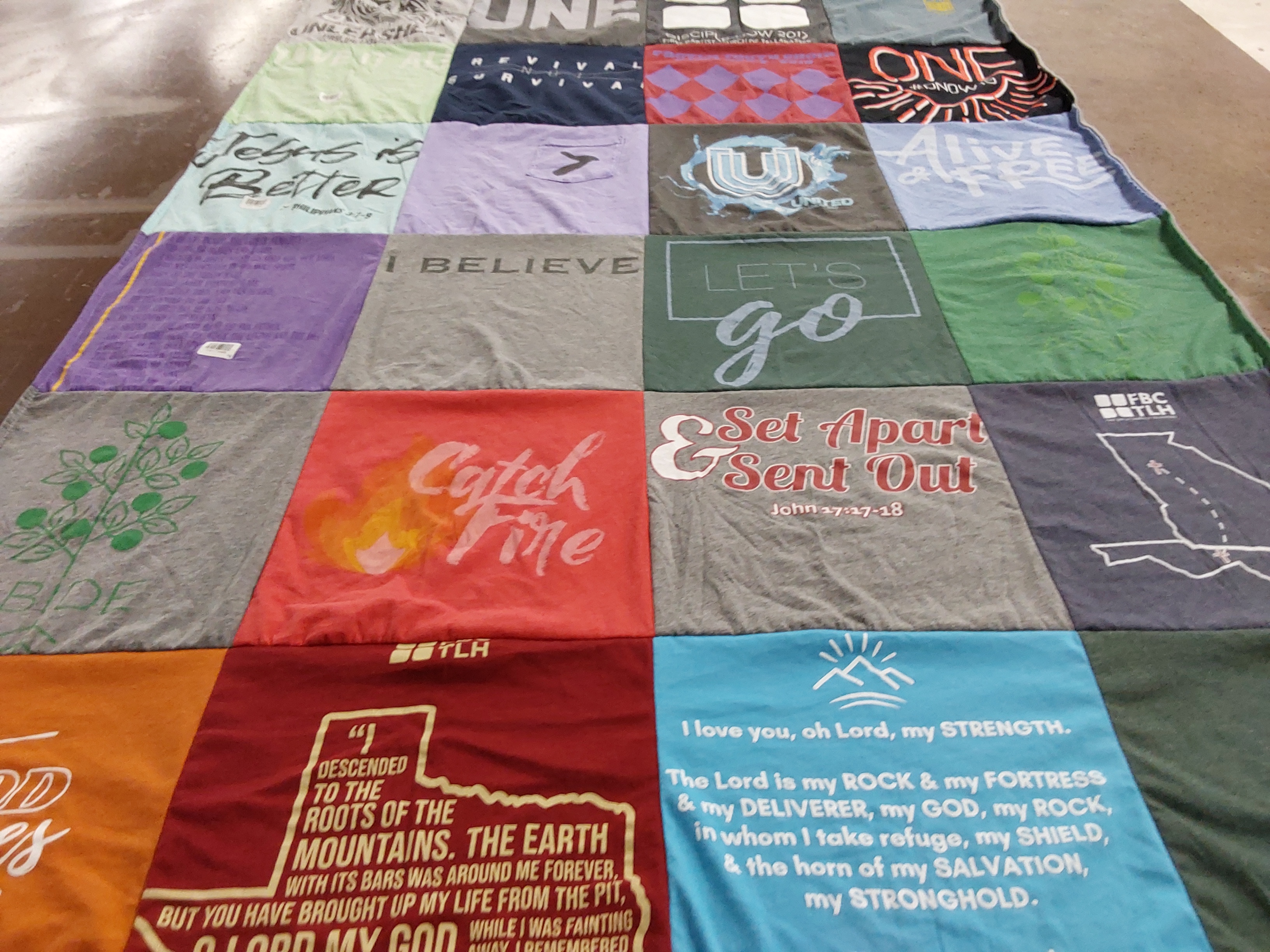 T-shirt quilt with faith, religion themes by Shelley from FL
