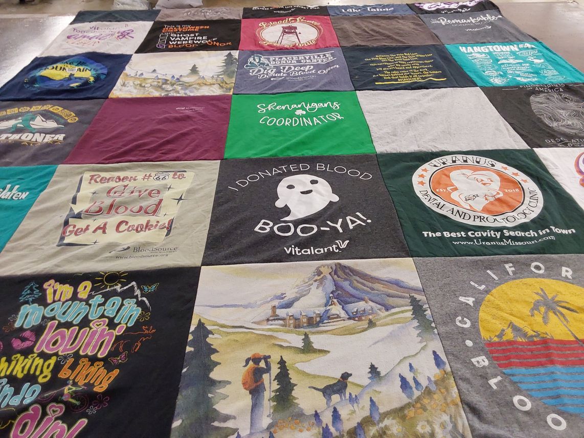 T-shirt quilt with outdoors, hiking themes by Kathleen from CA