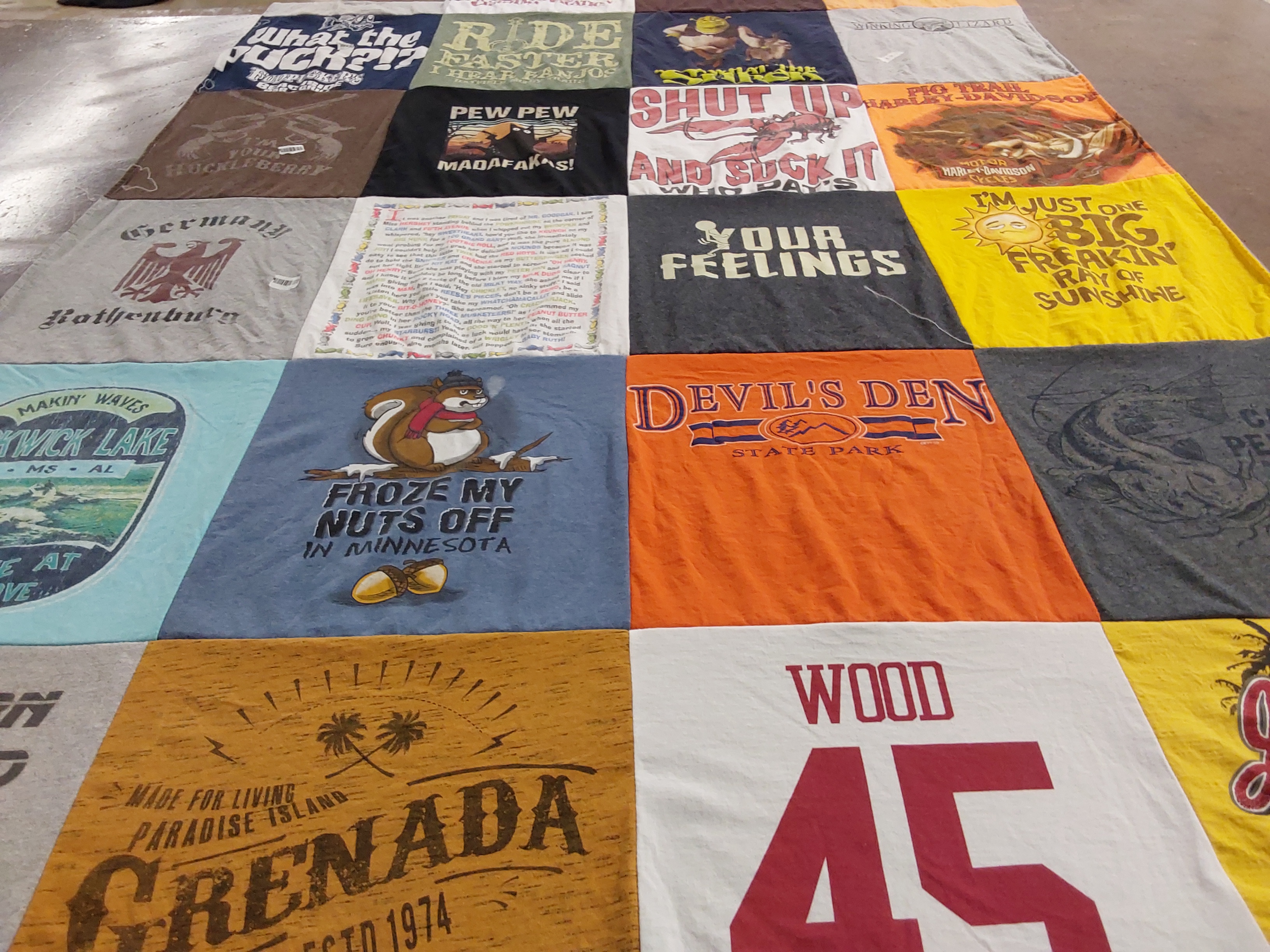 T-shirt quilt with travel, humor themes by Becky from TX