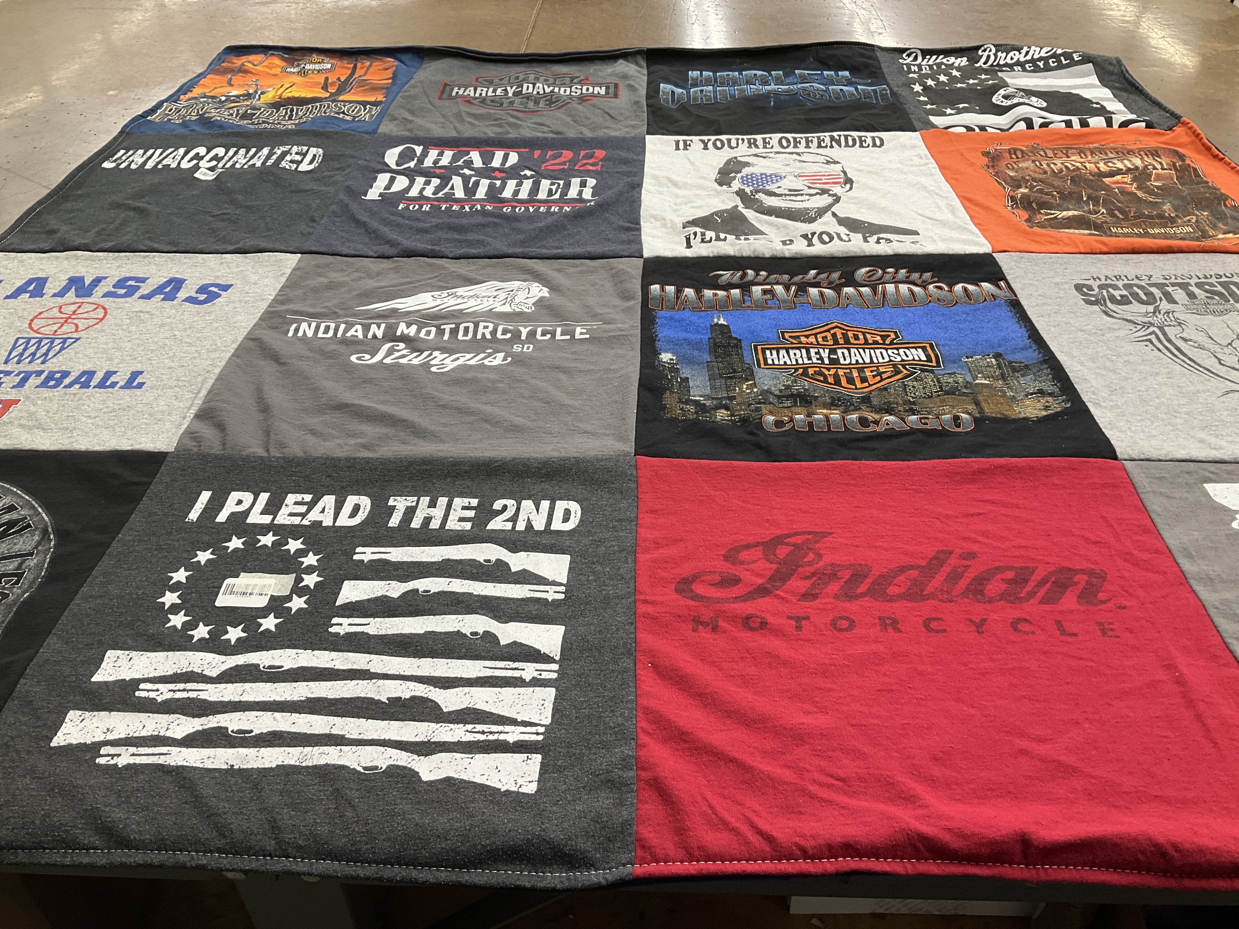 T-shirt quilt with motorcycles, sports themes by Tami from IA