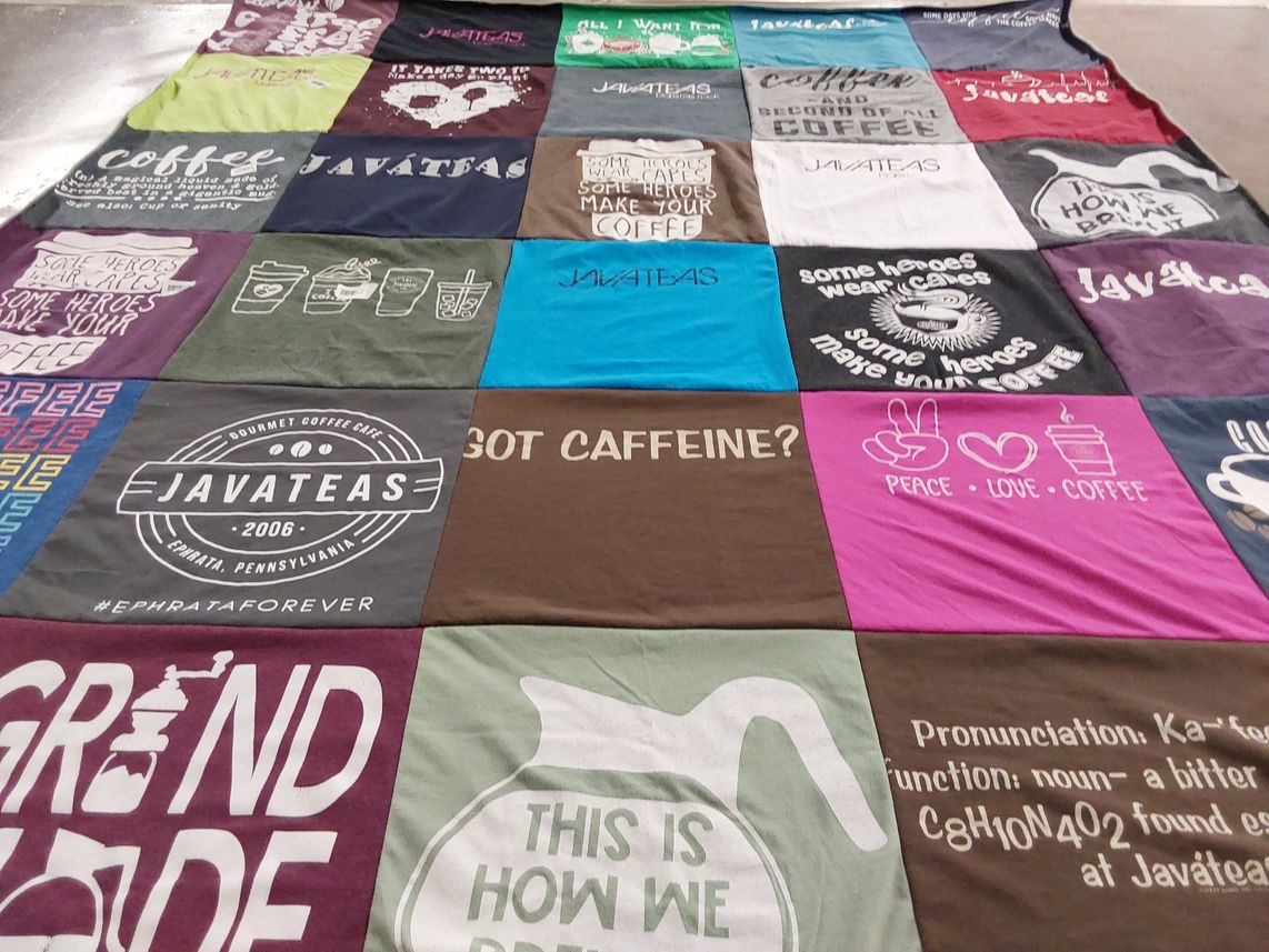 T-shirt quilt with coffee, caffeine themes by Ashley from PA