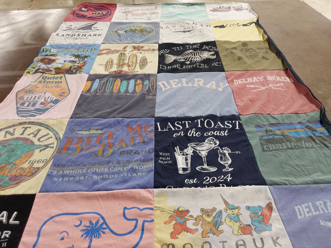 T-shirt quilt with beach, seafood themes by Carly from NY