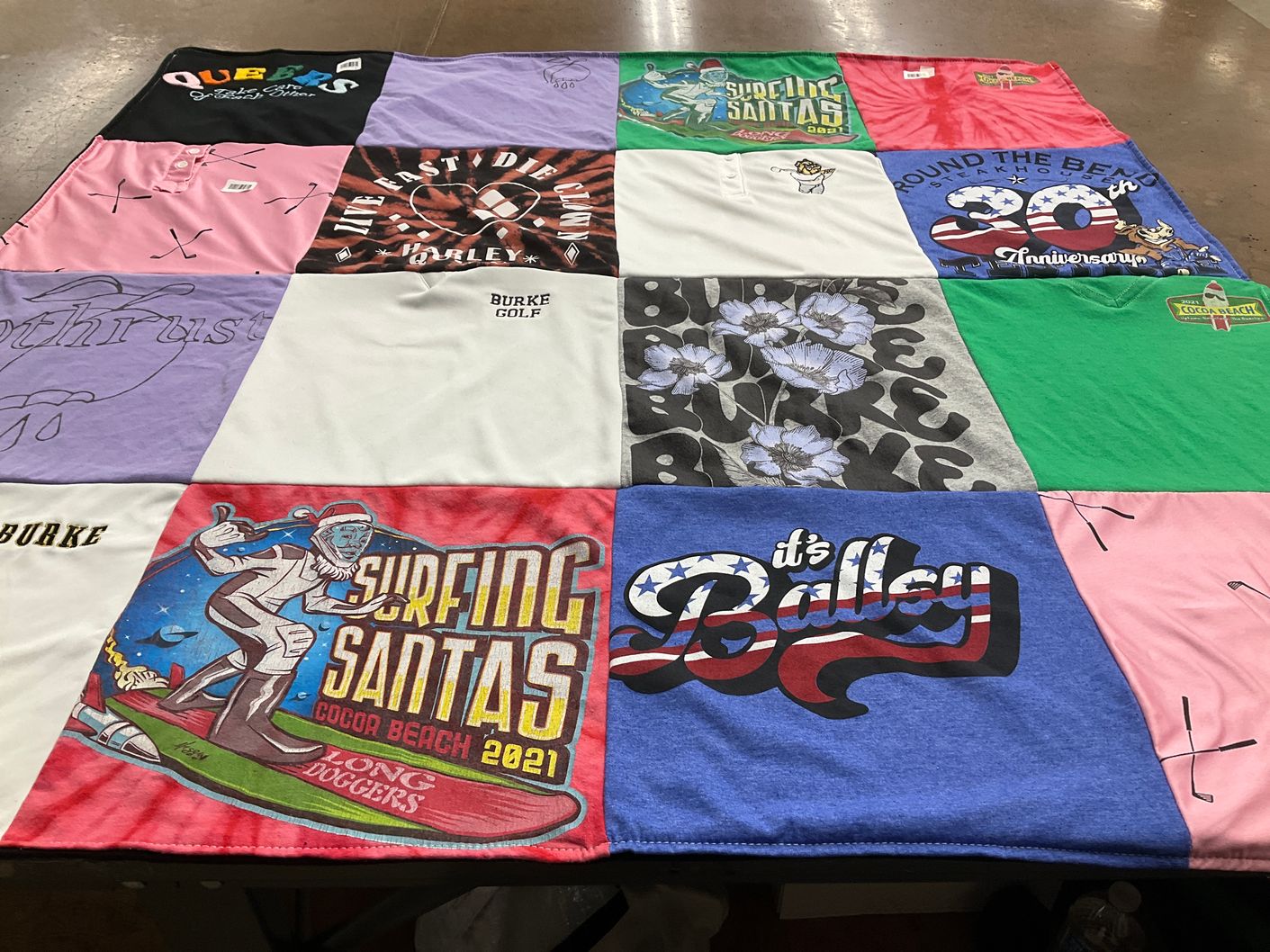 T-shirt quilt with surfing, golfing themes by Sue from NE