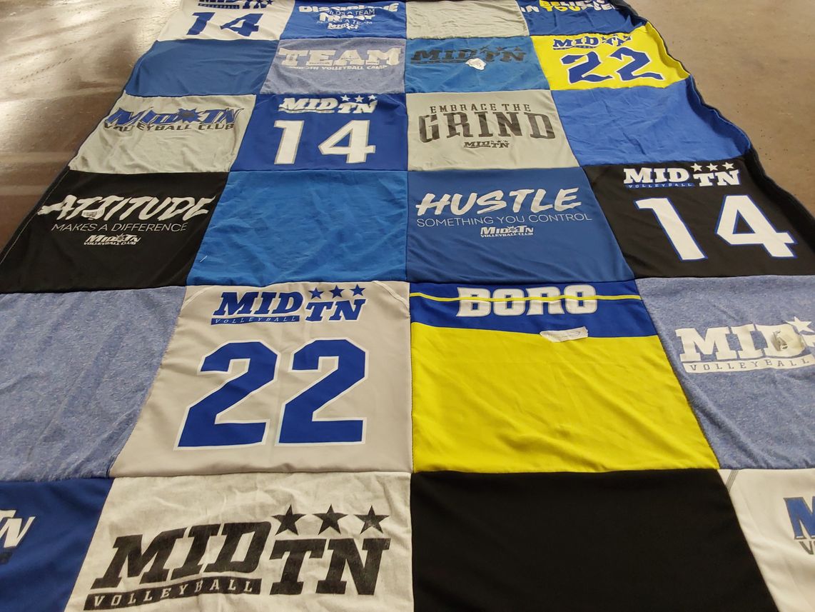T-shirt quilt with volleyball themes by Deann from TN