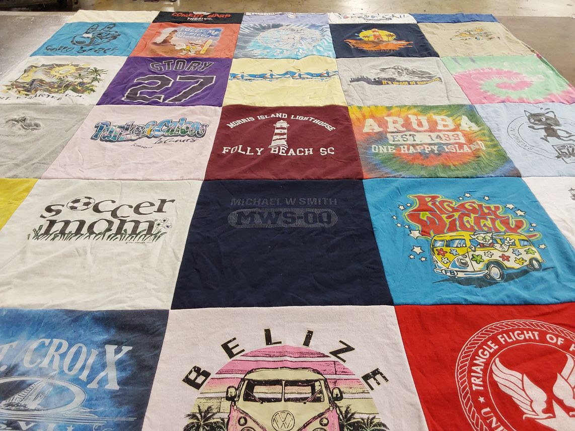 T-shirt quilt with beach, travel themes by Mary from NC