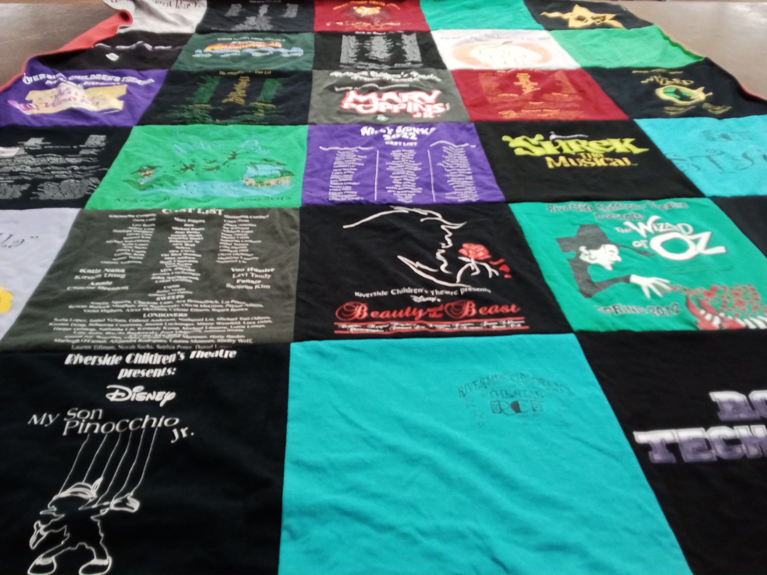 T-shirt quilt with theatre, musicals themes by Lisa from CA