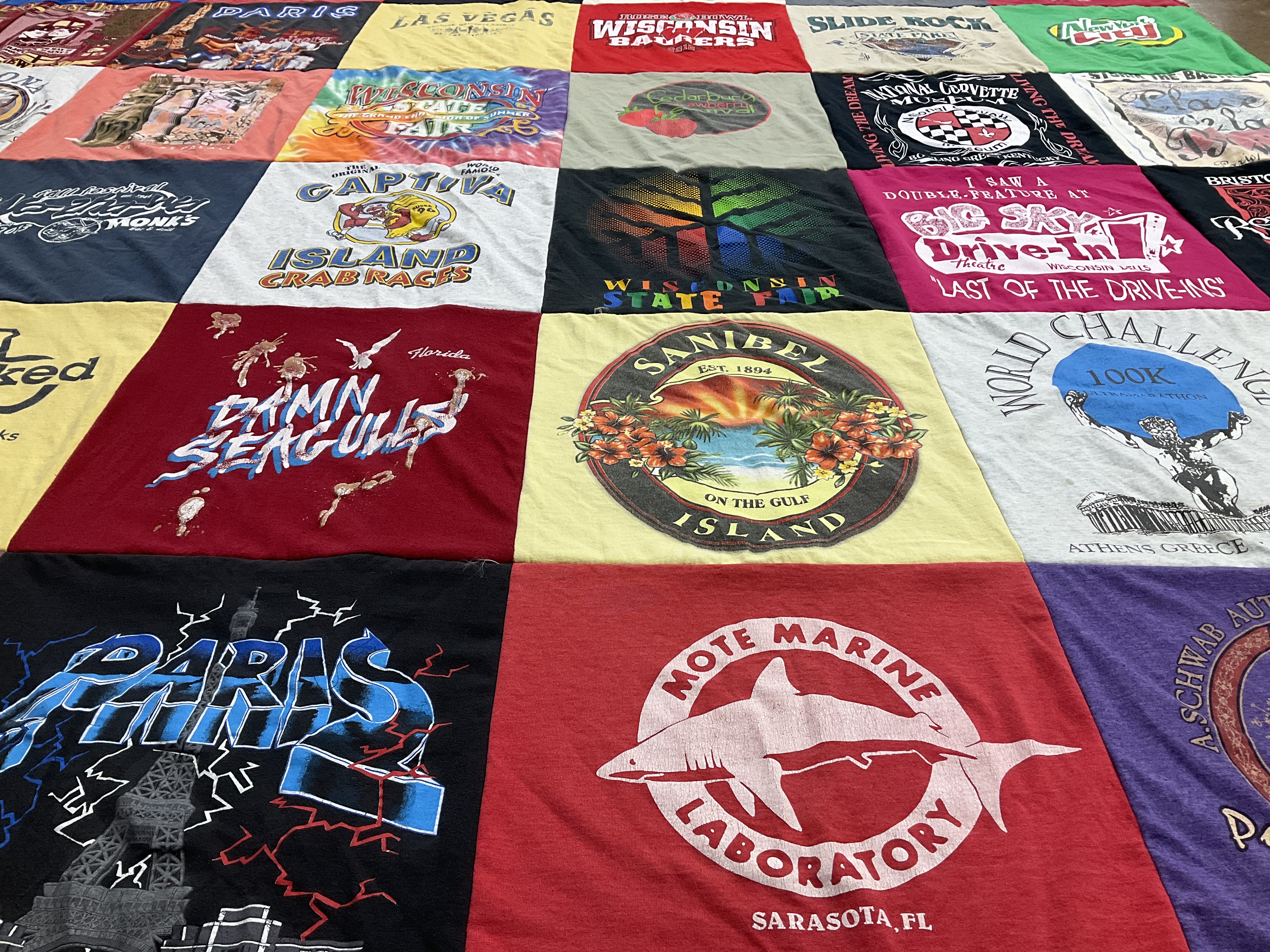 T-shirt quilt with travel, marine biology themes by Jacqueline from WI