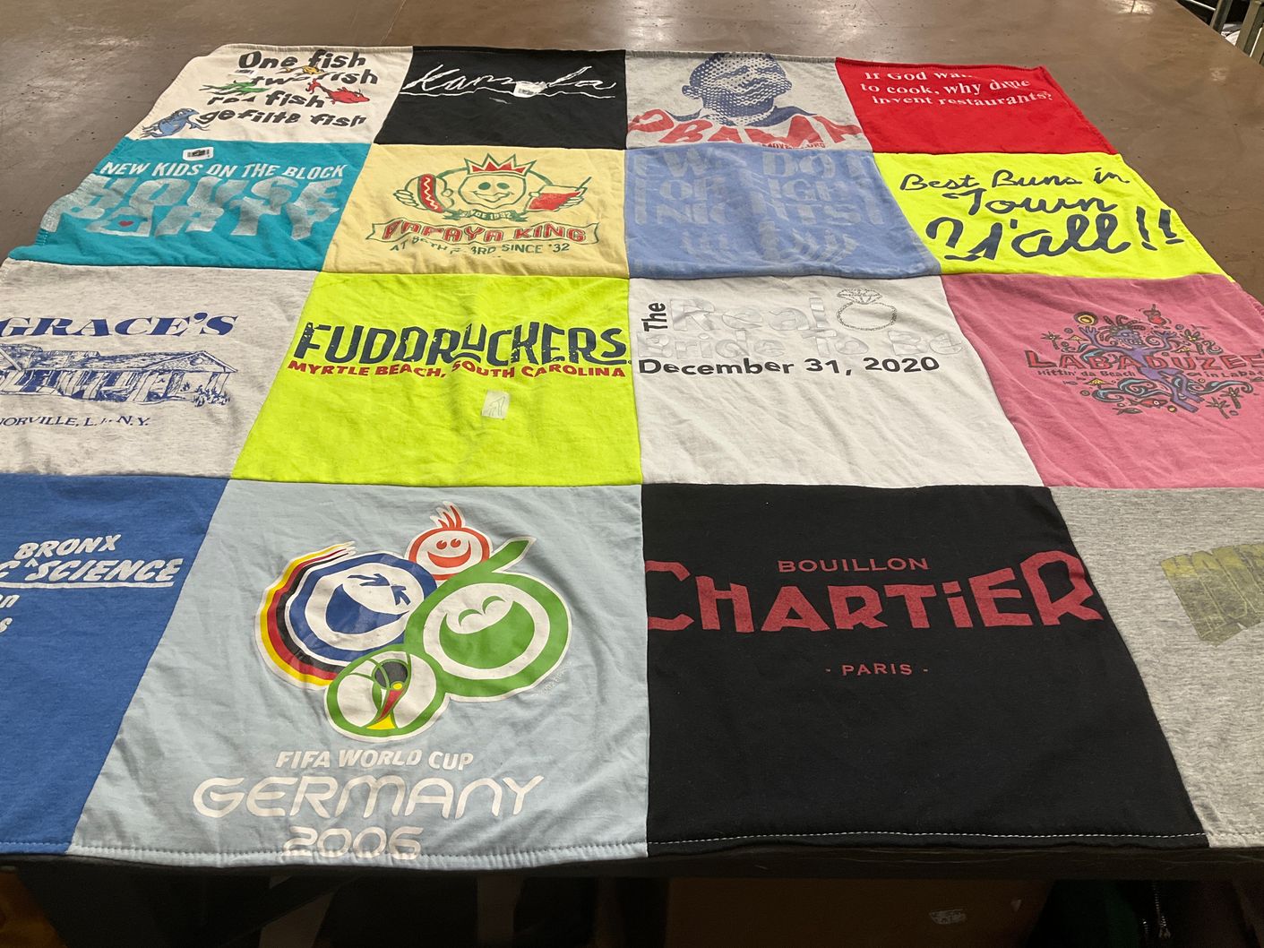 T-shirt quilt with cooking, restaurants themes by Rachel from NY