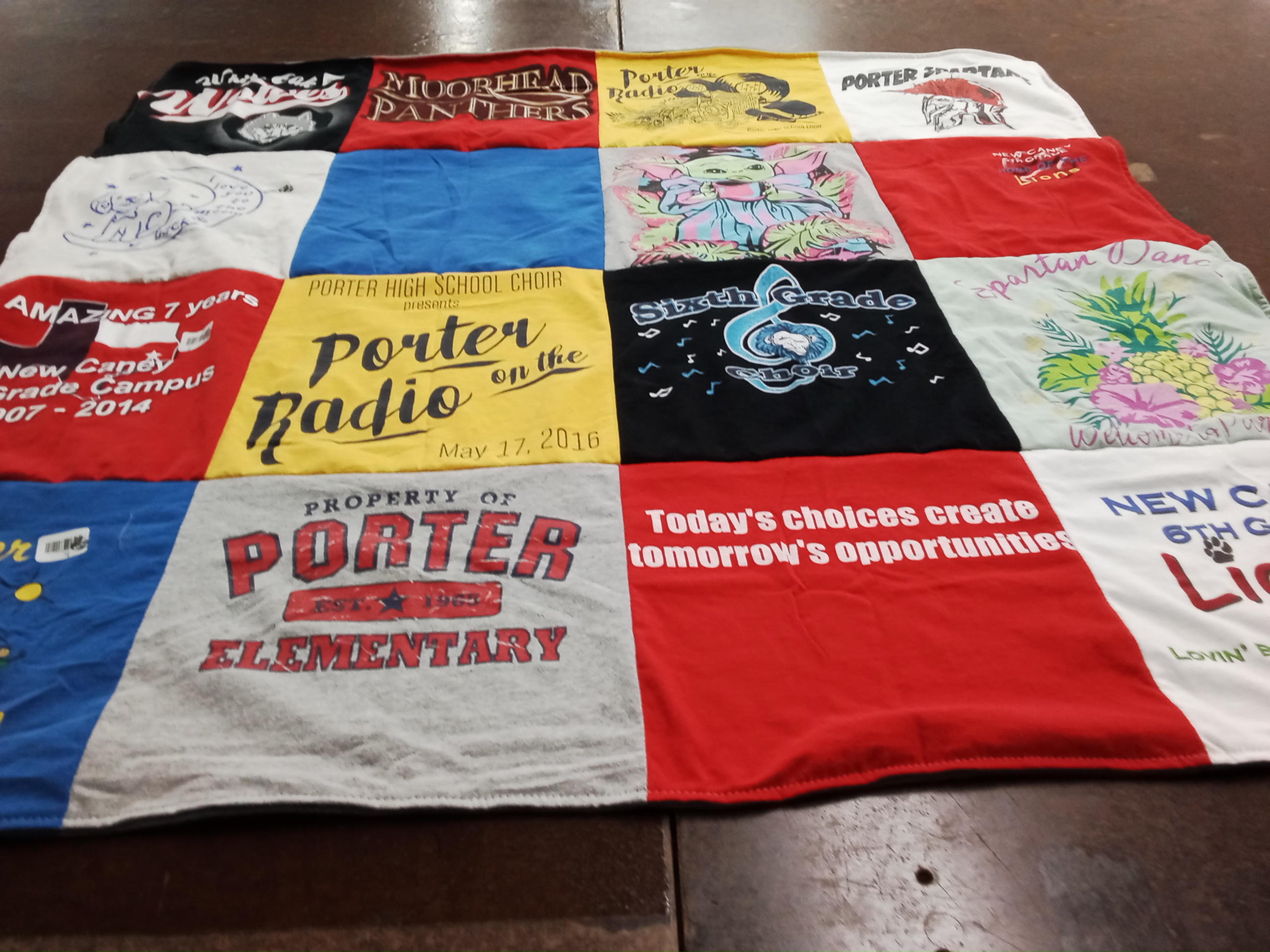 T-shirt quilt featuring moorhead panthers, spartan dance team by Vicki from TX