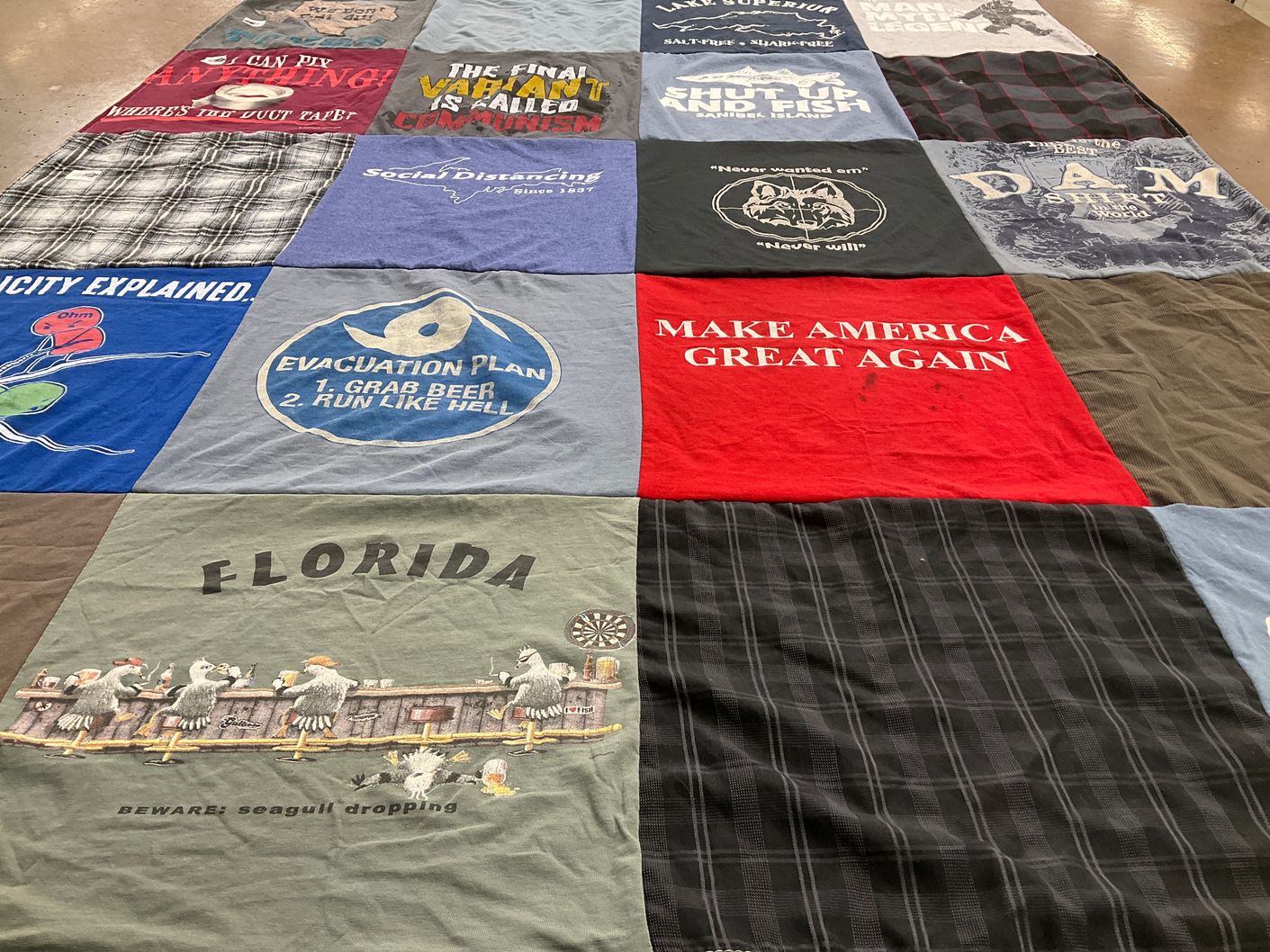 T-shirt quilt with politics, comedy themes by Marcie from WI
