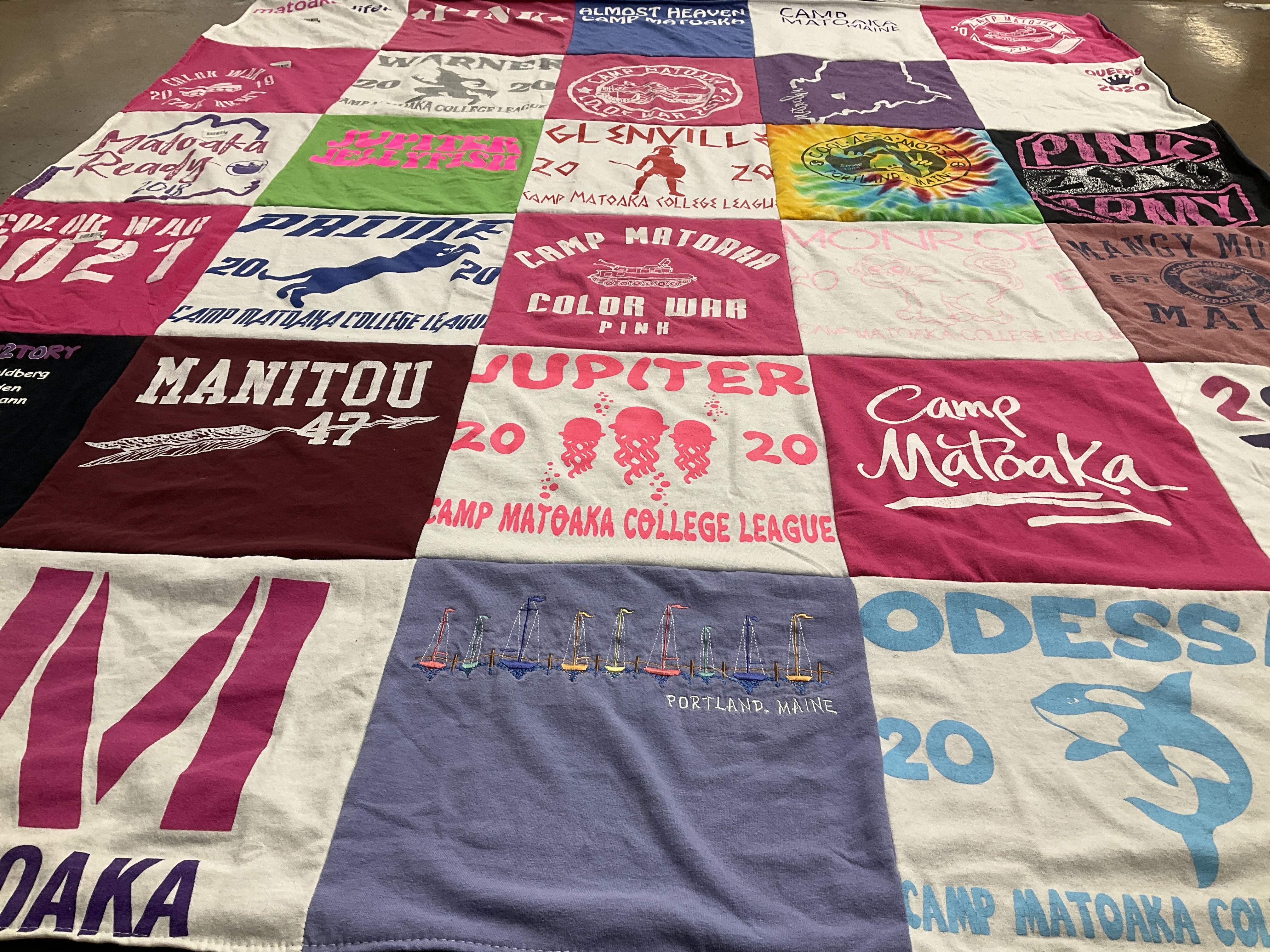 T-shirt quilt with camping, summer themes by Andrea from CO