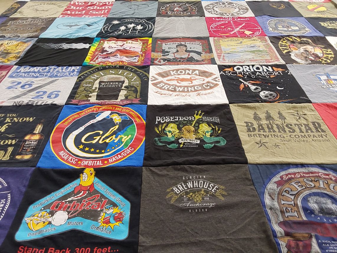 T-shirt quilt with craft beer, space themes by Robin from AZ