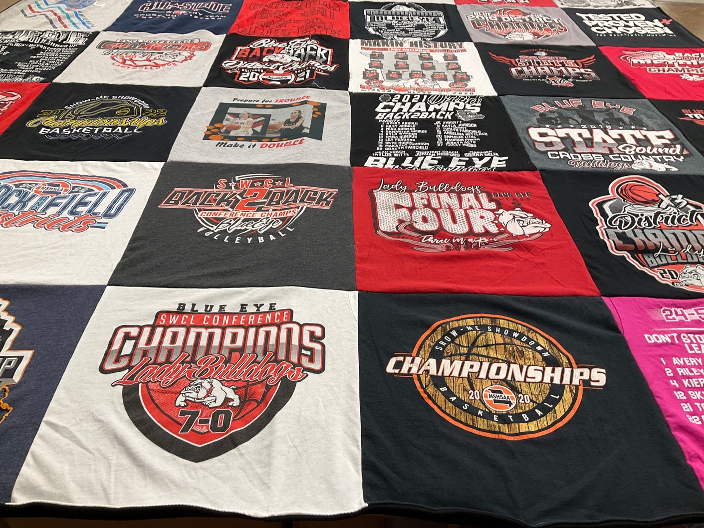 T-shirt quilt featuring blue eye bulldogs by Patti from MO