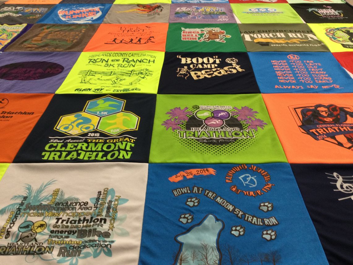 T-shirt quilt with running, fitness themes by Dana from FL