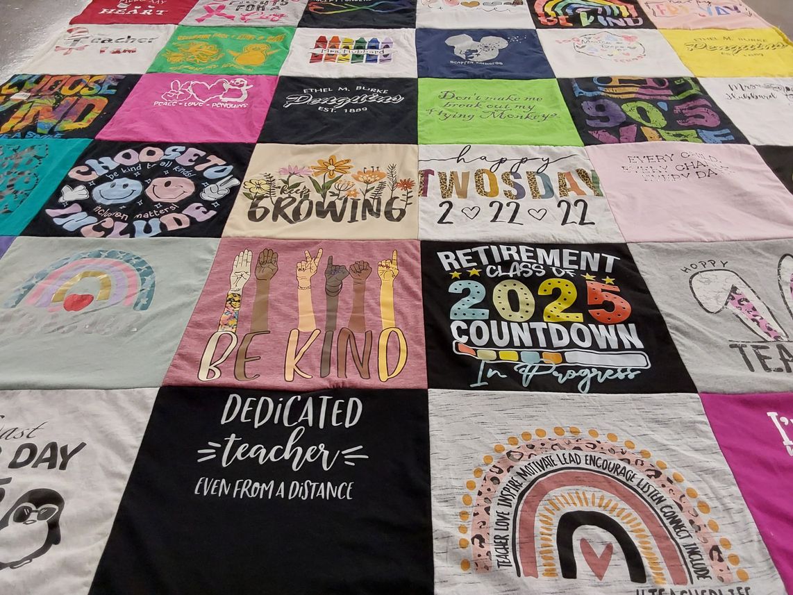 T-shirt quilt with education, teaching themes by Susan from NJ