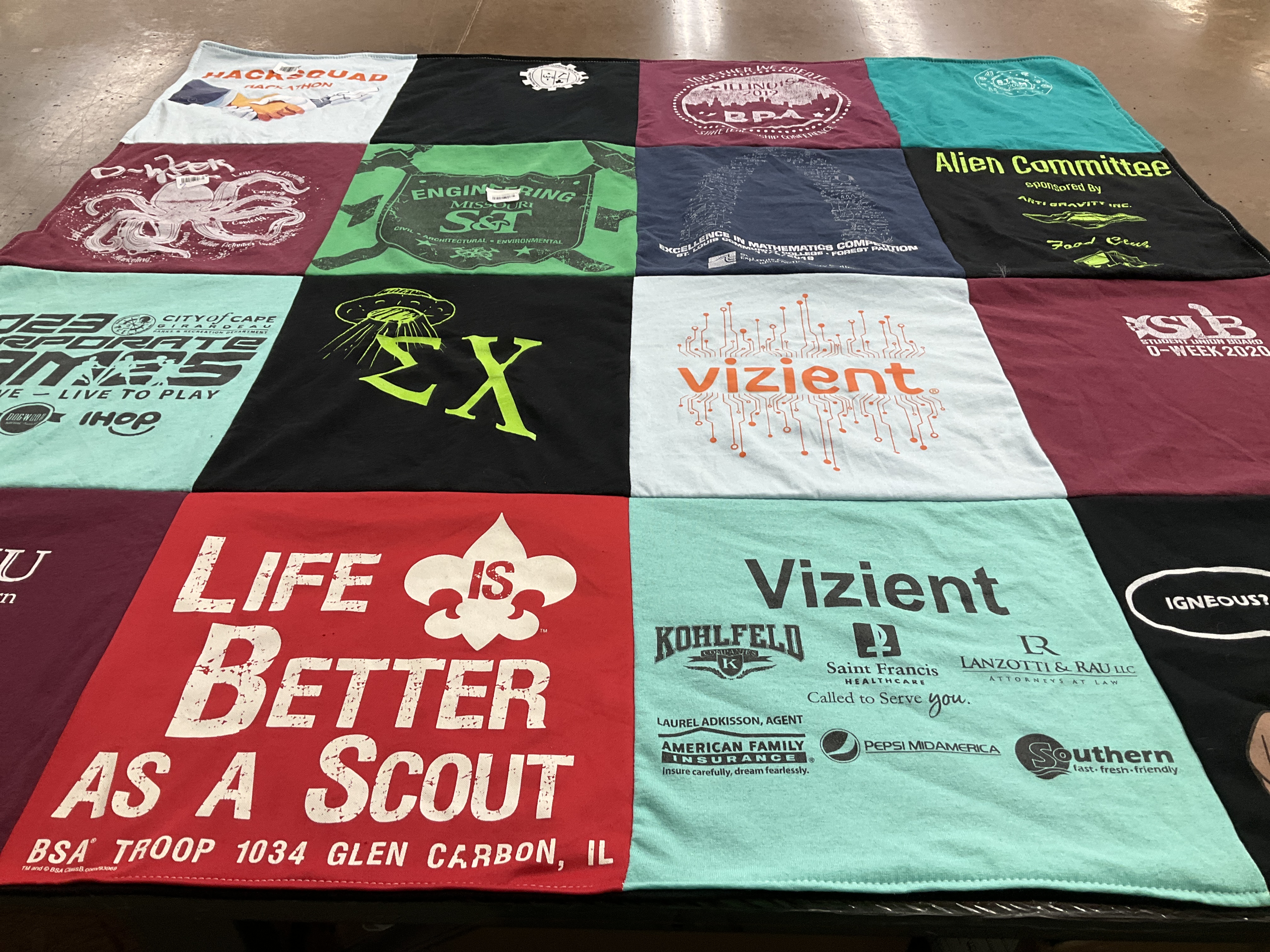 T-shirt quilt from university of missouri, southern illinois university by Jill from CA