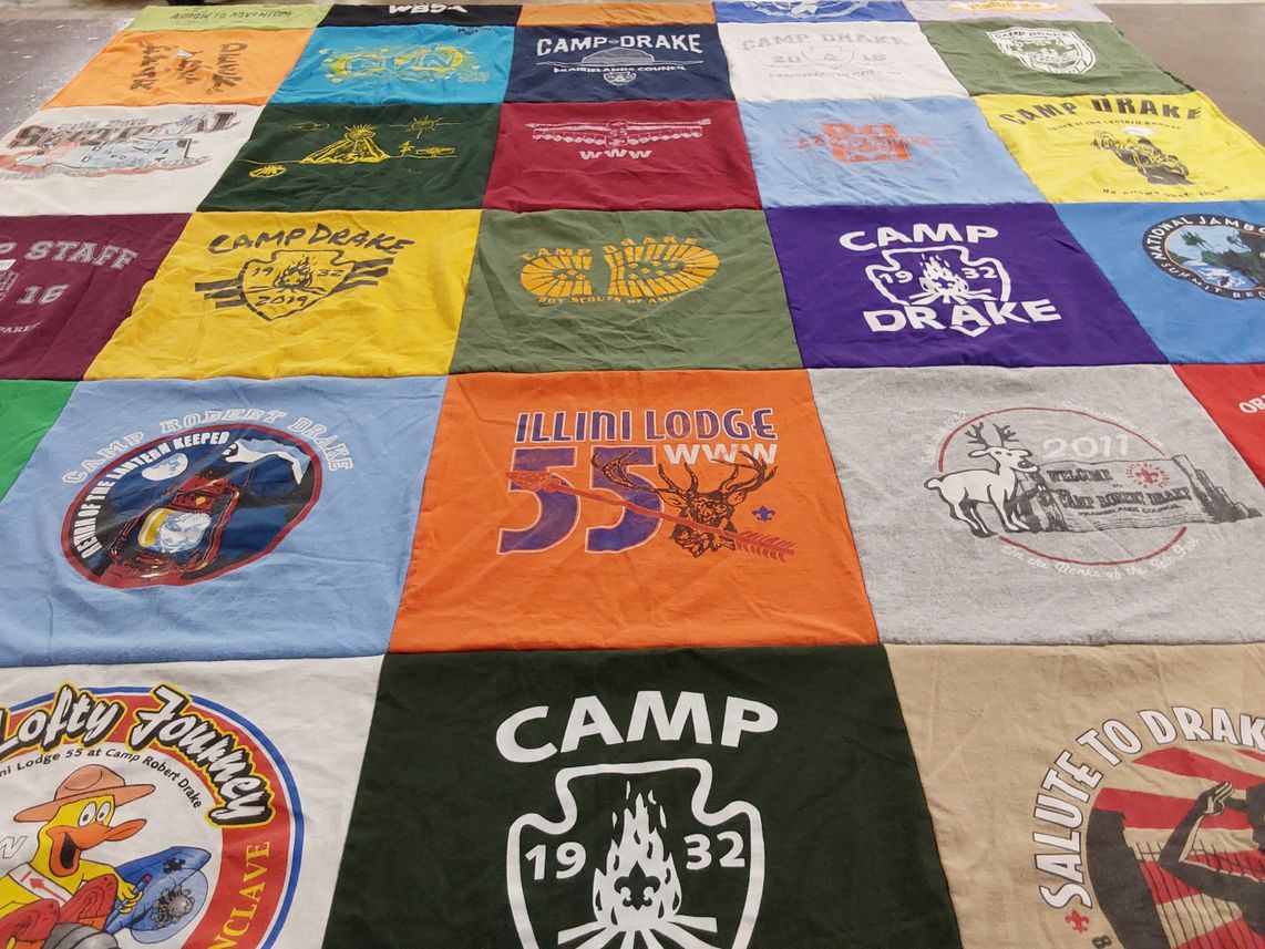 T-shirt quilt with camping, outdoor activities themes by Parker from IL