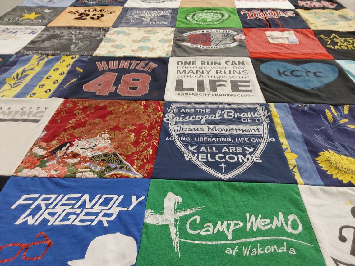 T-shirt quilt with running, religion themes by Yvonne from CO