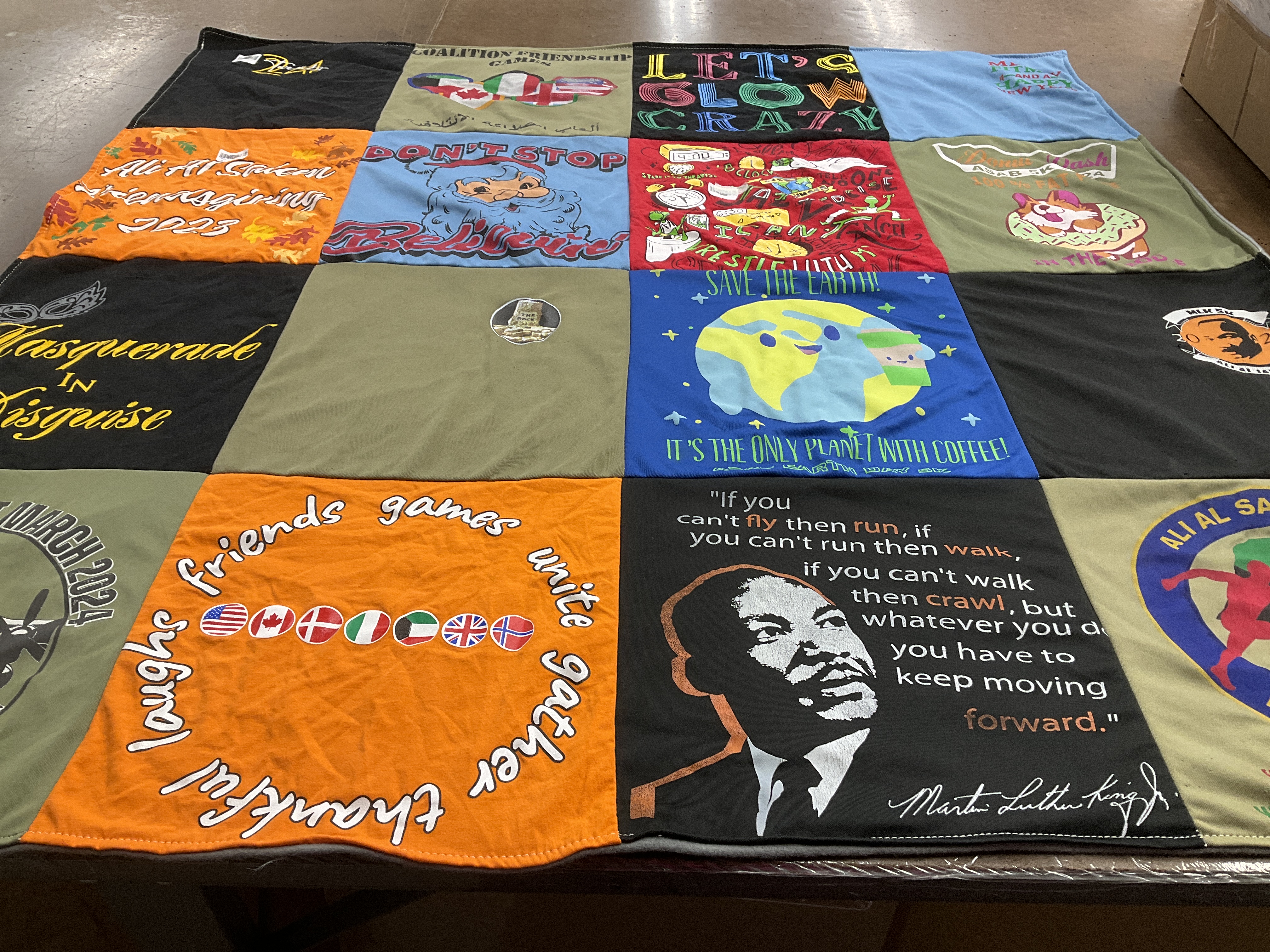 T-shirt quilt with games, coffee themes by Courtney from NC