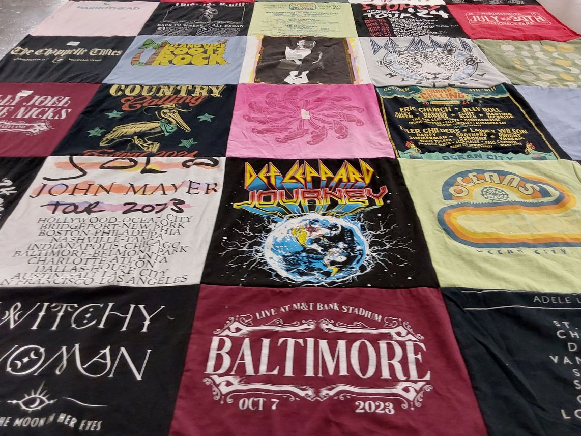 T-shirt quilt with music, concerts themes by Melissa from WA