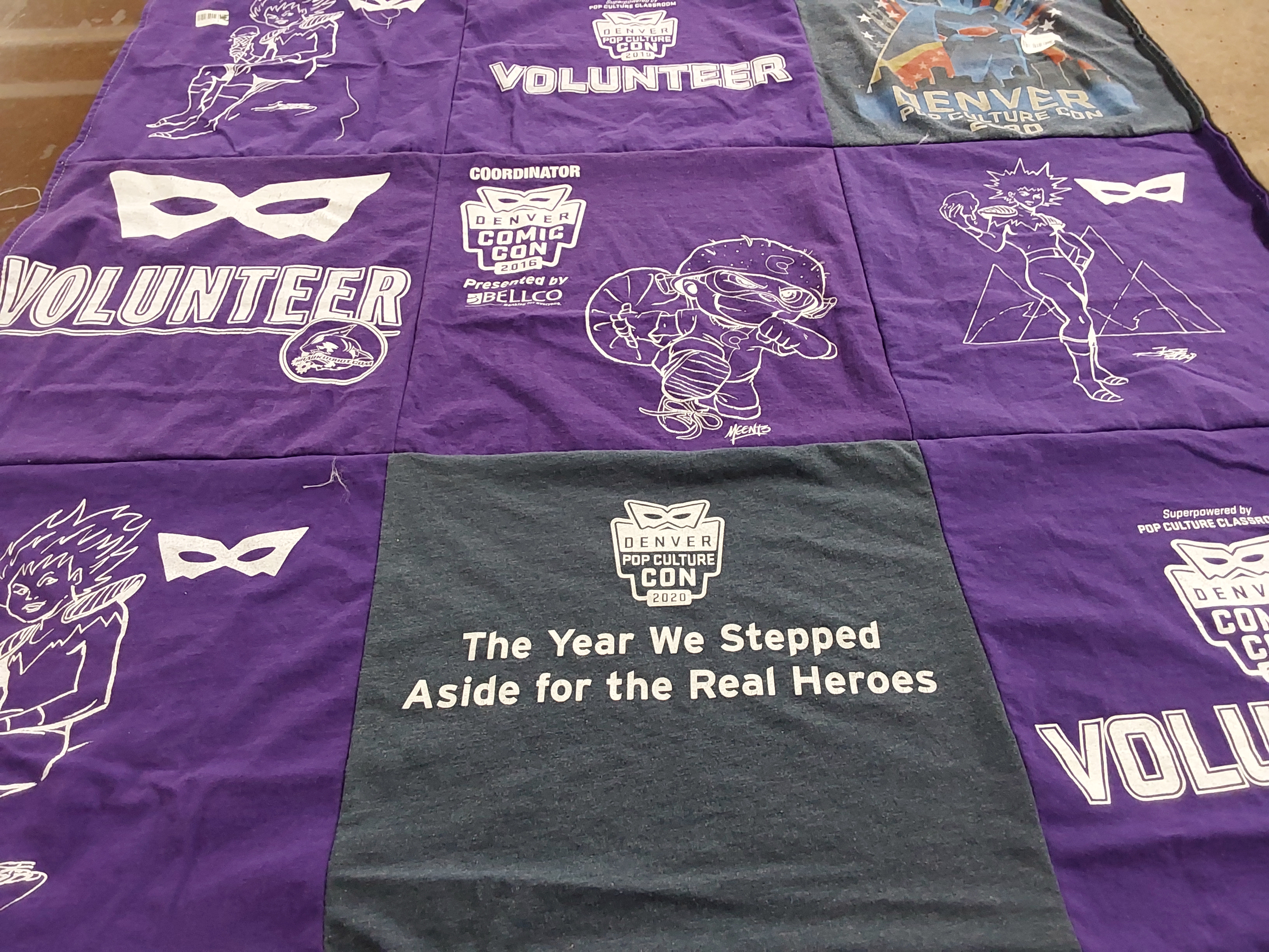 T-shirt quilt with comic conventions, pop culture themes by Melanie from CO